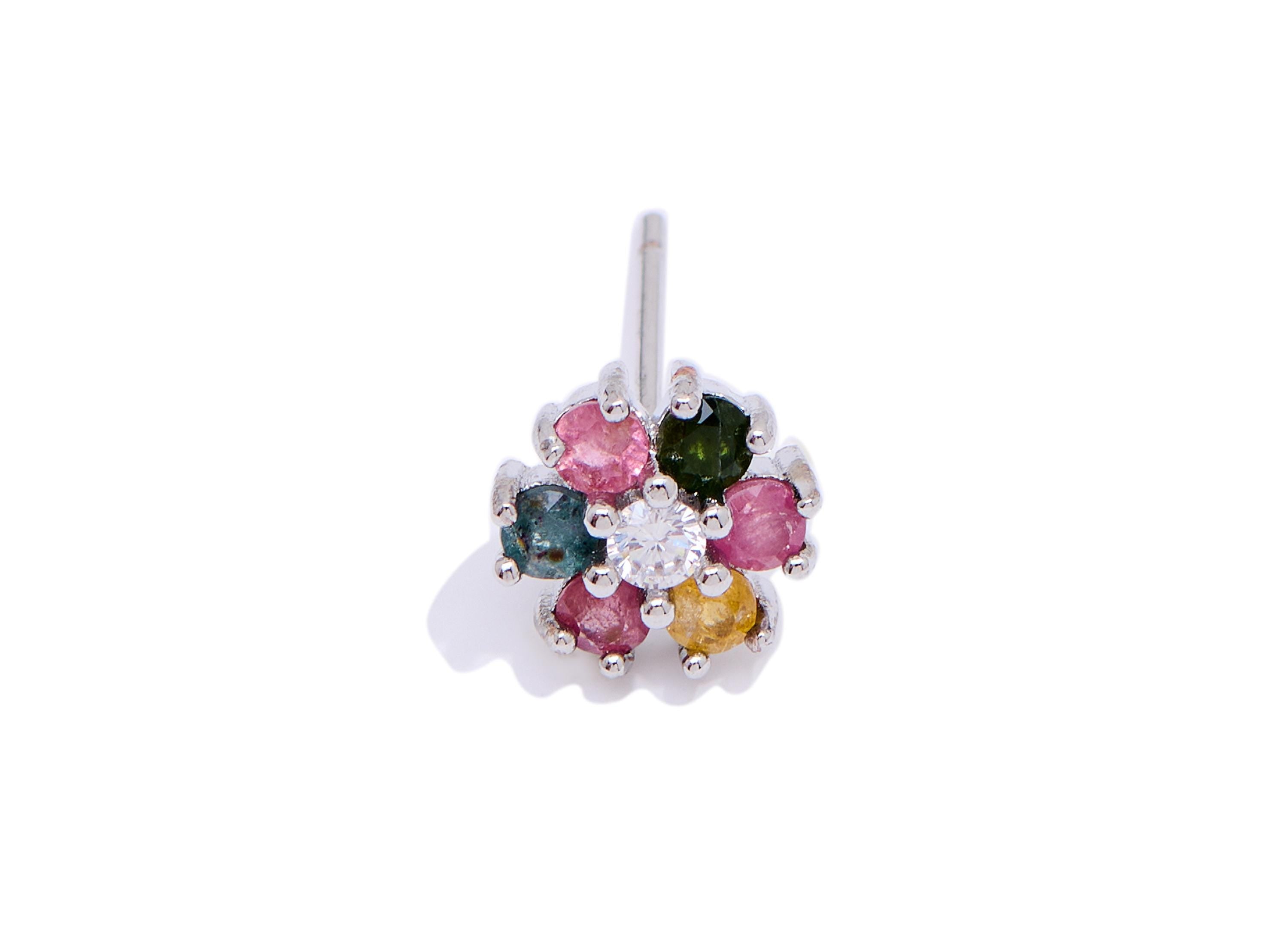 Tourmaline Floral Earring Stud - Brass Stone Sparking Earring Post - Everyday Wear Jewelry Making - White K Plated - 8.2x8.18x4mm - NS2601 - DOMEDBAZAAR