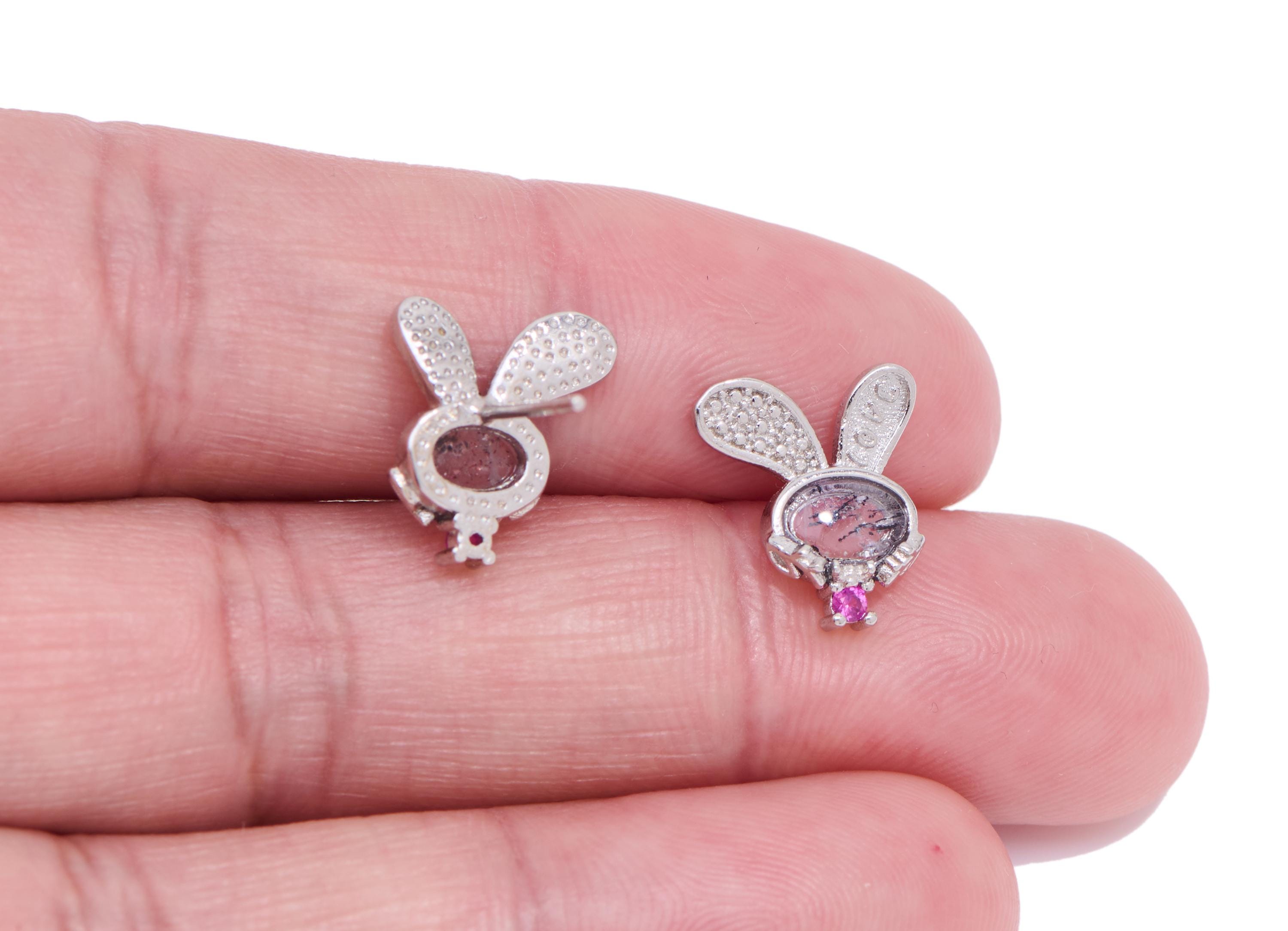 Super Seven Stone Rabbit Earring Stud - Brass Cute Rabbit Earring Post - Everyday Wear Jewelry Making - White K Plated - 12x10x3mm - NS2678 - DOMEDBAZAAR