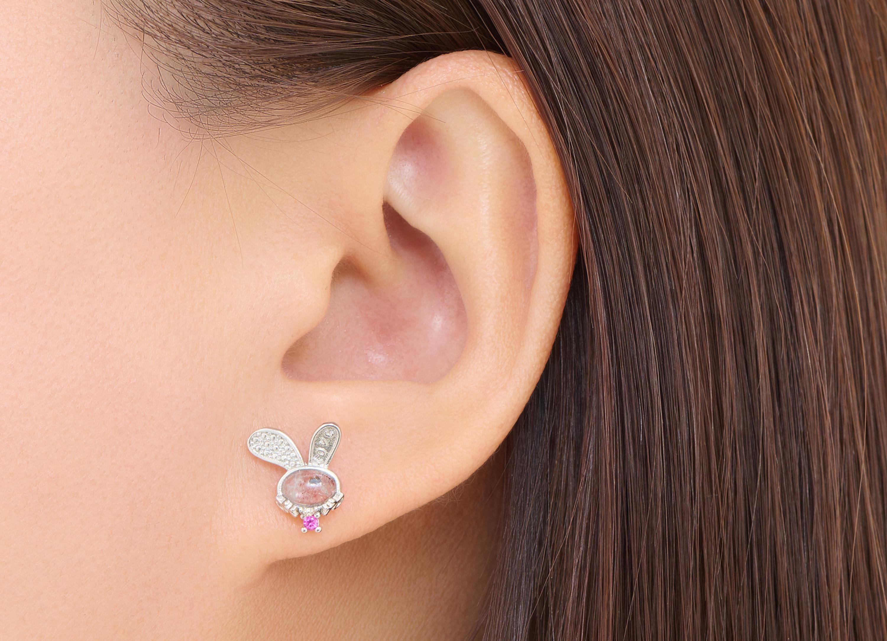 Super Seven Stone Rabbit Earring Stud - Brass Cute Rabbit Earring Post - Everyday Wear Jewelry Making - White K Plated - 12x10x3mm - NS2678 - DOMEDBAZAAR