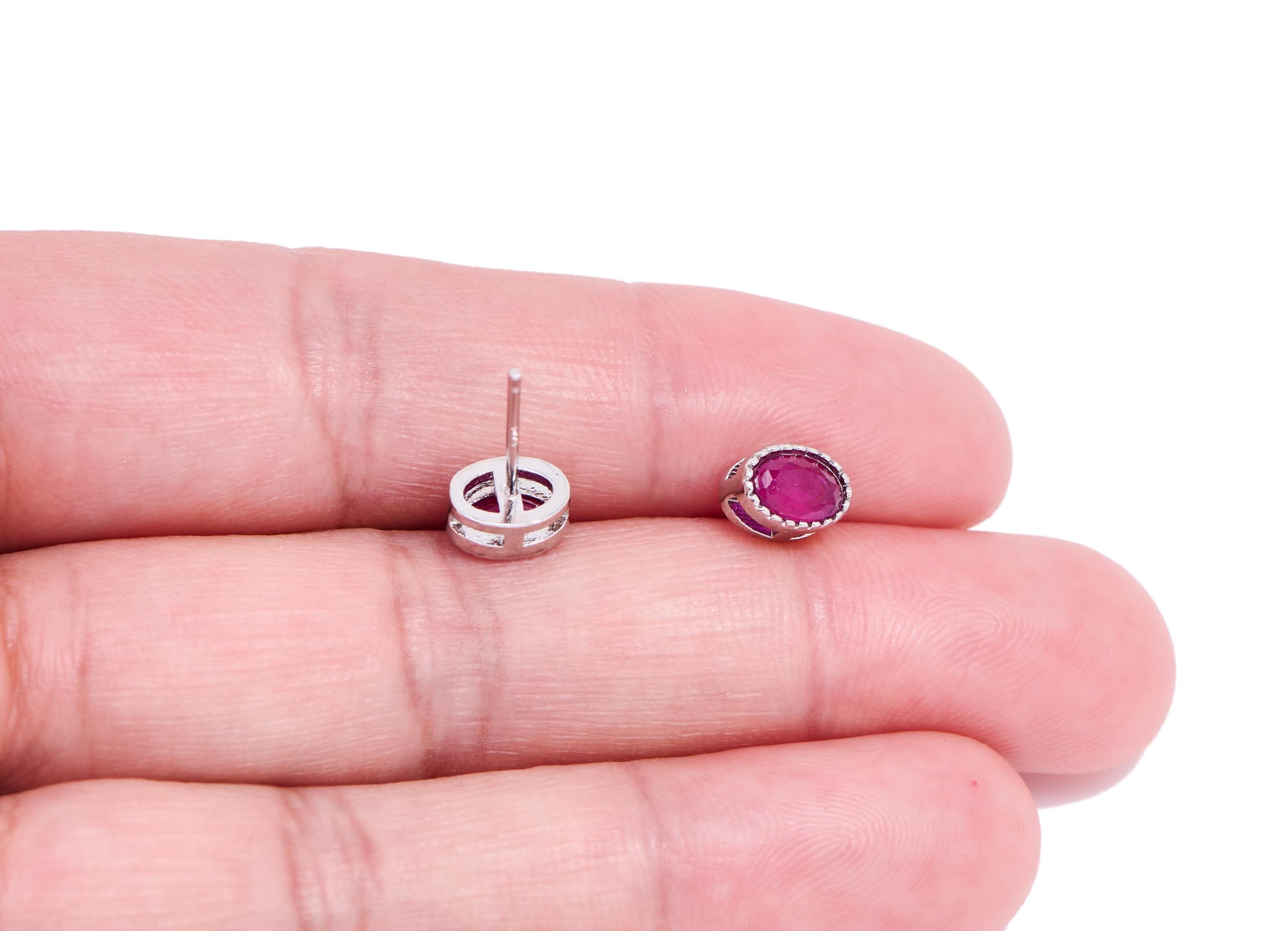 Ruby Brass Oval Earring Stud - Natural Gemstone Earring Post - Minimalist Jewelry - Silver Stud - White K Plated - 7.22x5.38x3.9mm - NS2581 - DOMEDBAZAAR