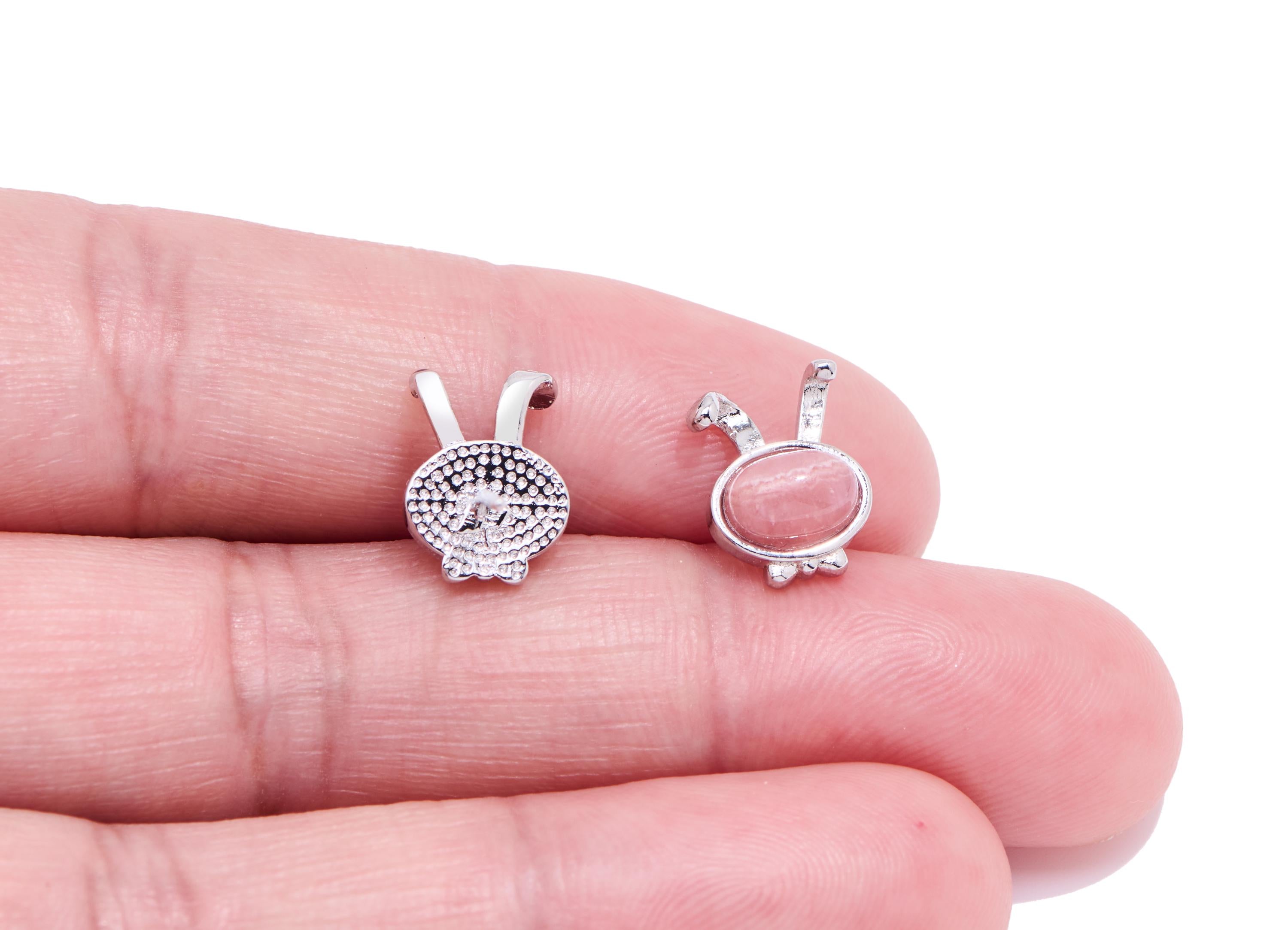 Rhodendron Rabbit Earring Stud - Brass Cute Earring Post - Everyday Wear Jewelry Making - Silver Stud - White K Plated - 11x8.6x4mm - NS2553 - DOMEDBAZAAR