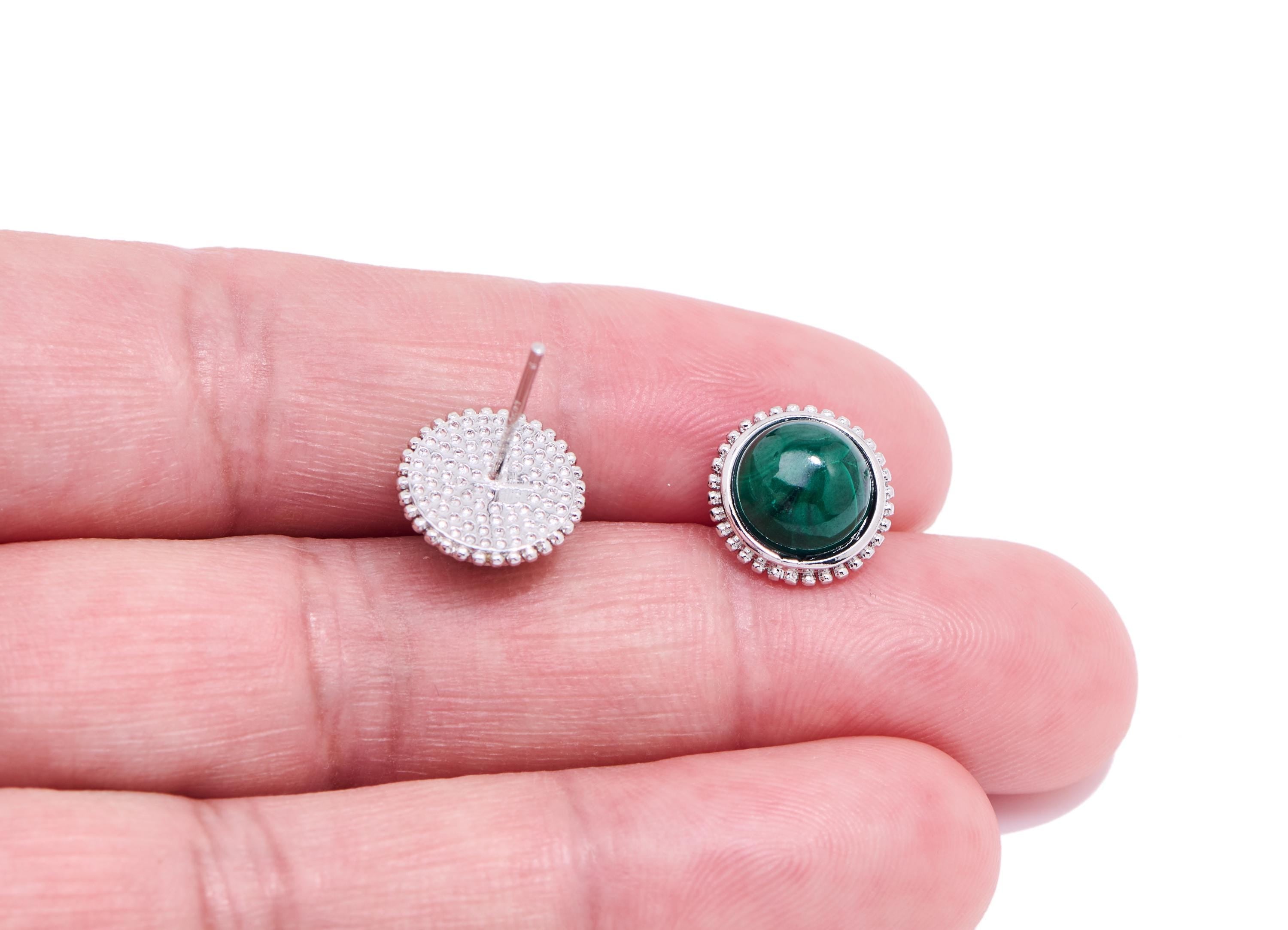 Malachite Brass Round Studs - Natural Gemstone Earring Posts - Elegant Jewelry - Silver Stud - White K Plated - 10.73x10.73x4.53mm - NS2560 - DOMEDBAZAAR