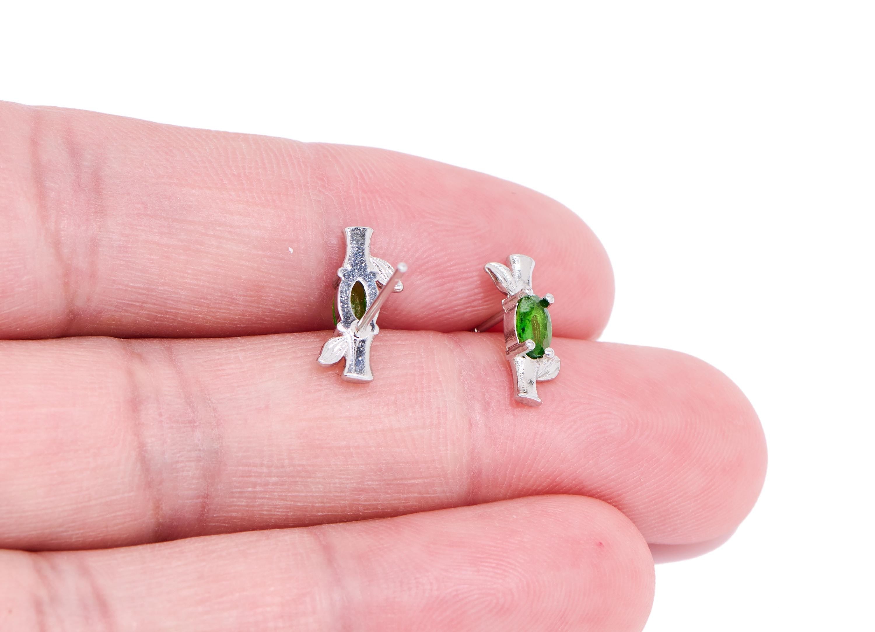 Diopside Stone Brass Bamboo Studs - Natural Gemstone Earring Post - Chic Jewelry - Silver Stud - White K Plated - 12.18x5.2x2.67mm - NS2641 - DOMEDBAZAAR