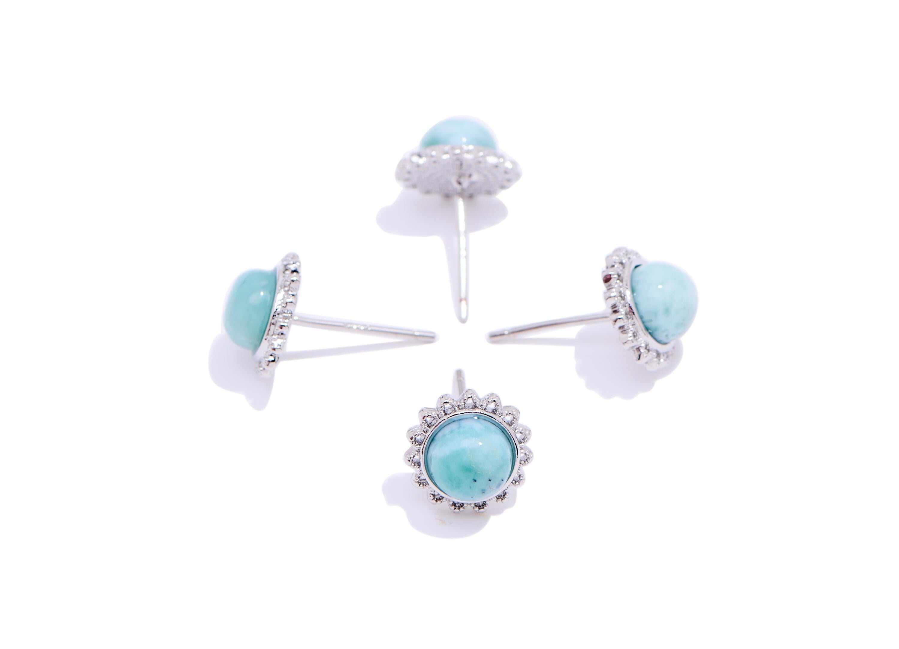 Larimar Brass Sunflower Stud - Natural Gemstone Sun Earring Post - Elegant Jewelry - Silver Stud - White K Plated - 9.4x9.4x4.73mm - NS2627 - DOMEDBAZAAR