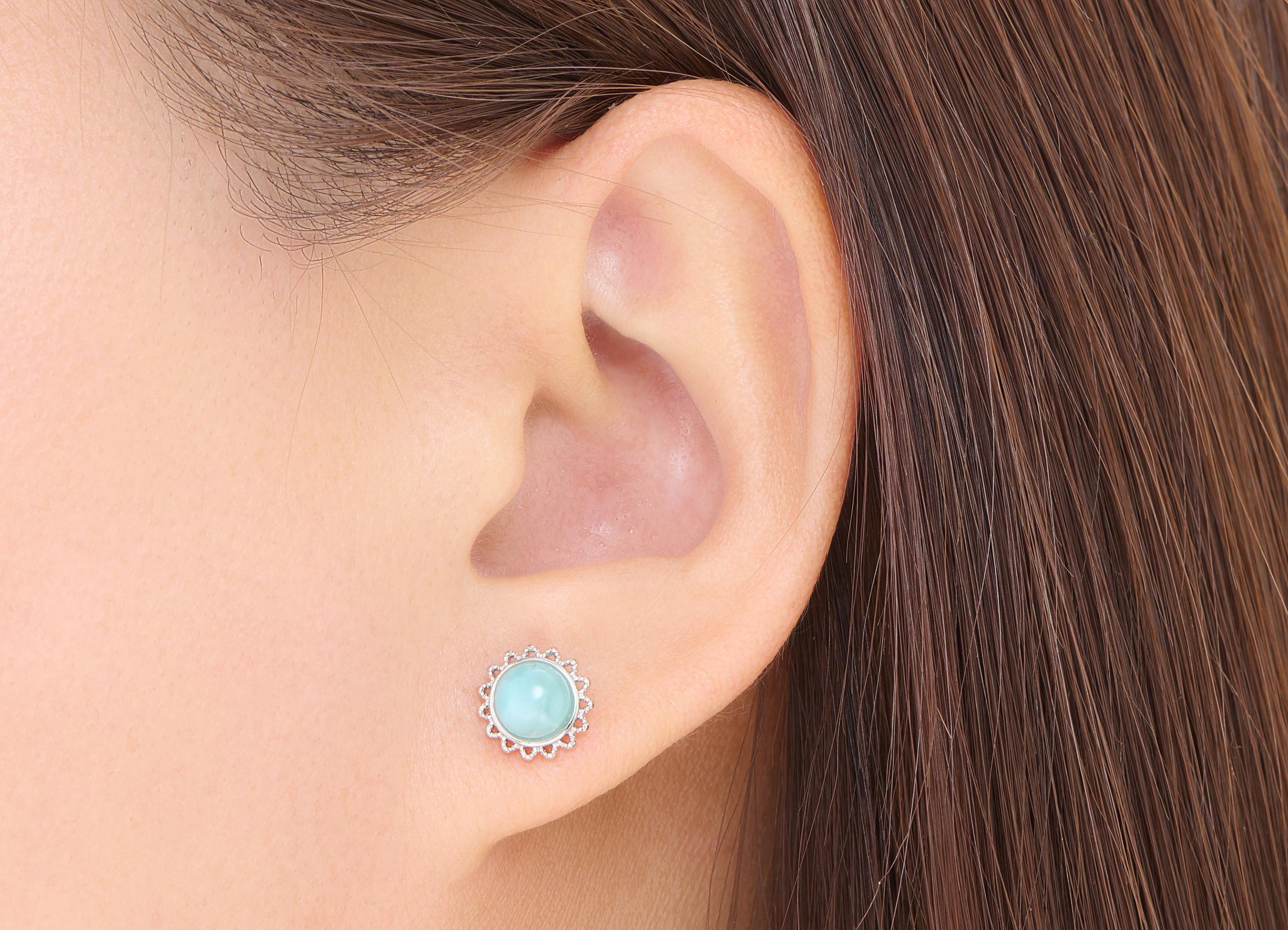 Larimar Brass Sunflower Stud - Natural Gemstone Sun Earring Post - Elegant Jewelry - Silver Stud - White K Plated - 9.4x9.4x4.73mm - NS2627 - DOMEDBAZAAR