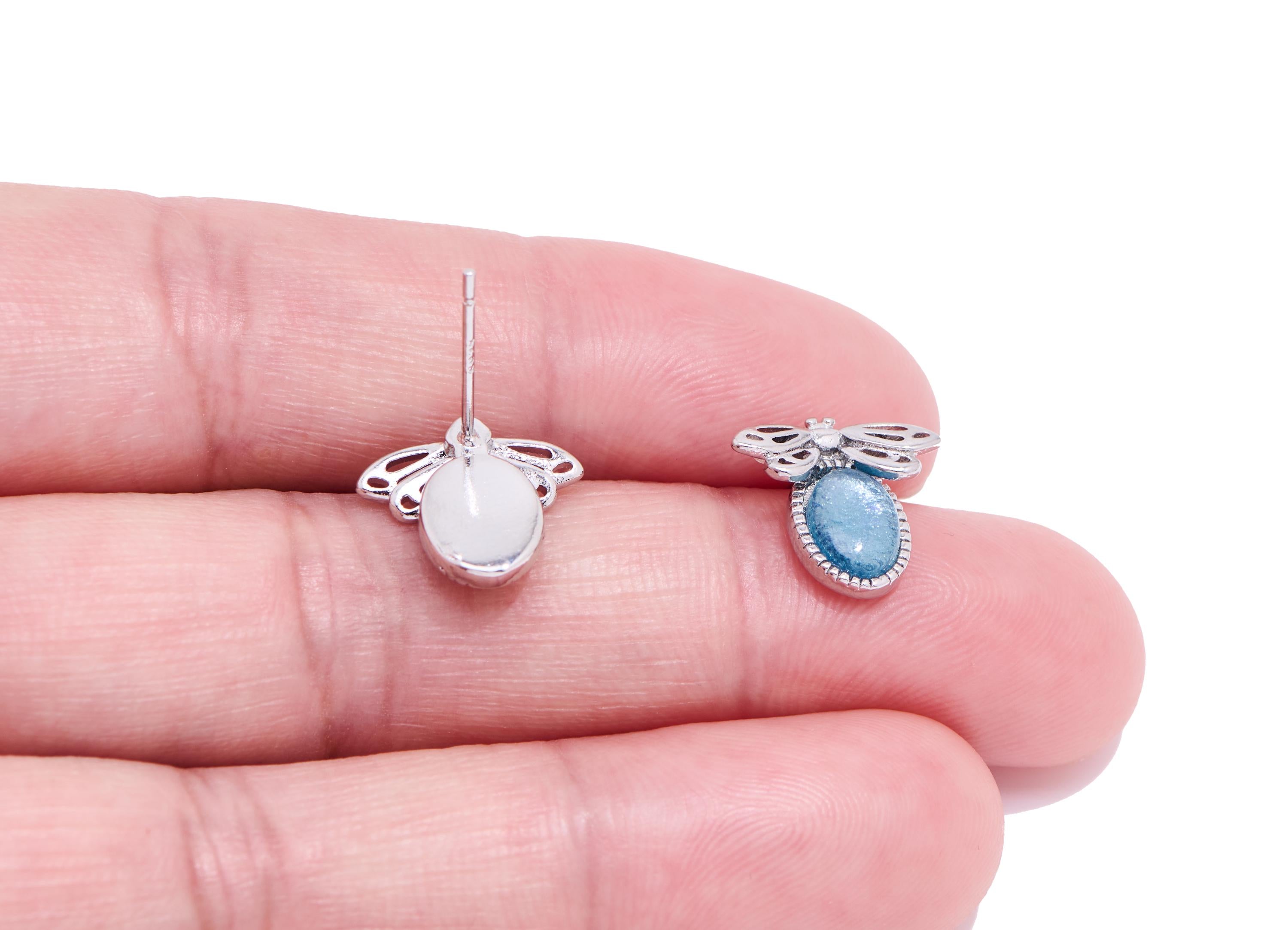 Aquamarine Brass Bee Stud - Natural Gemstone Bee Earring Post - Refined Jewelry - Silver Stud - White K Plated - 12.55x11.76x3.6mm - NS2592 - DOMEDBAZAAR