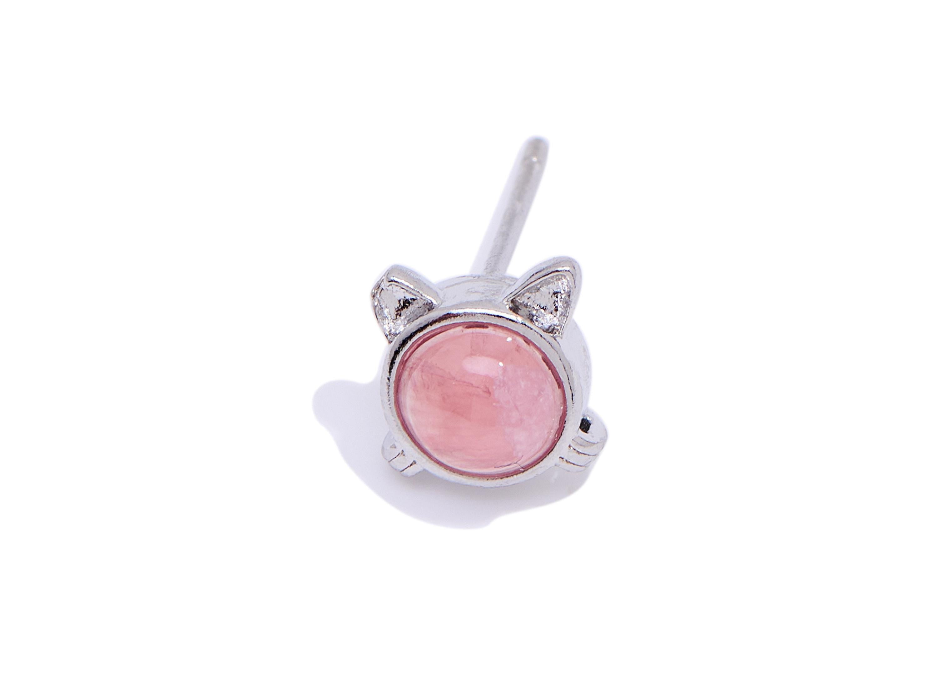 Rhodendron Stone Earring Stud - Brass Cute Cat Stone Earring Post - Minimalist Dainty Jewelry Making - White K Plated - 7.48x7x4mm - NS2565 - DOMEDBAZAAR