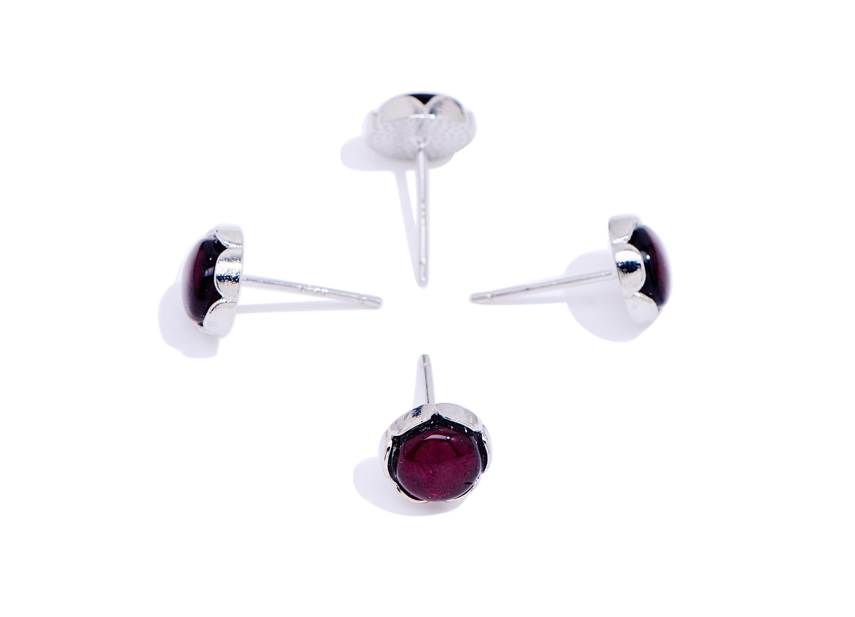Garnet Brass Round Studs - Natural Gemstone Earring Post - Elegant Jewelry Making - Silver Stud - White K Plated - 7.56x7.56x3.25mm - NS2588 - DOMEDBAZAAR