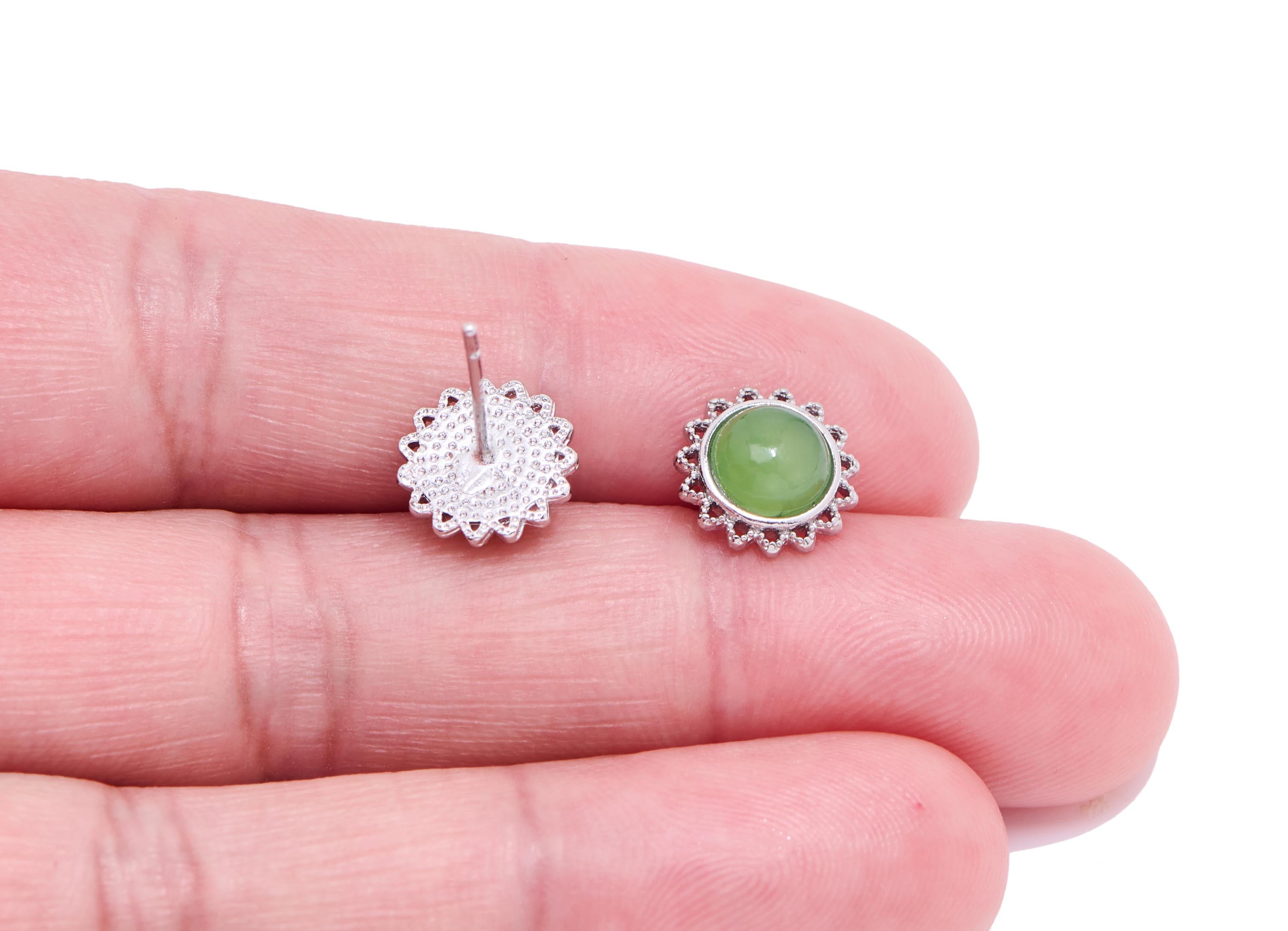 Jade Stone Brass Sunflower Stud - Natural Gemstone Sun Earring Post - Elegant Jewelry - Silver Stud - White K Plated -9.46x9.46x3.7mm-NS2629 - DOMEDBAZAAR