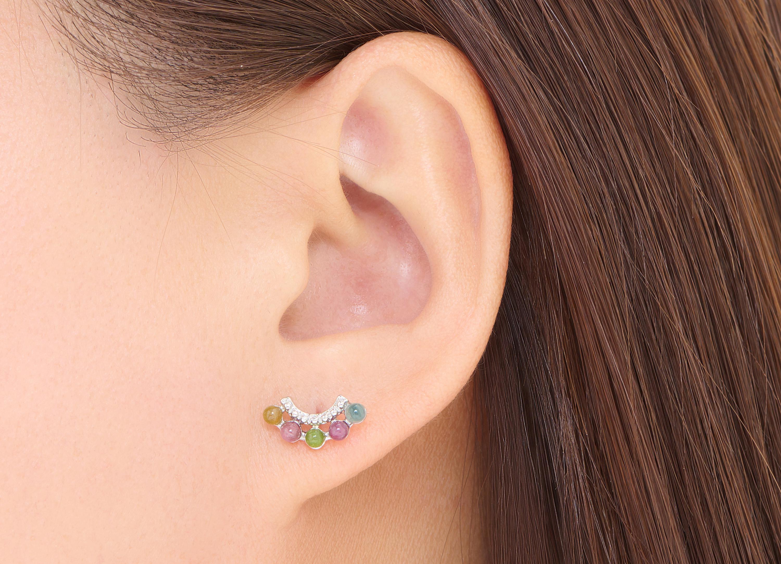 Tourmaline Brass Arc Studs - Curved Rainbow Gemstone Earring Posts - Romantic Jewelry - Silver Stud - White K Plated - 13.52x7x3mm - NS2575 - DOMEDBAZAAR