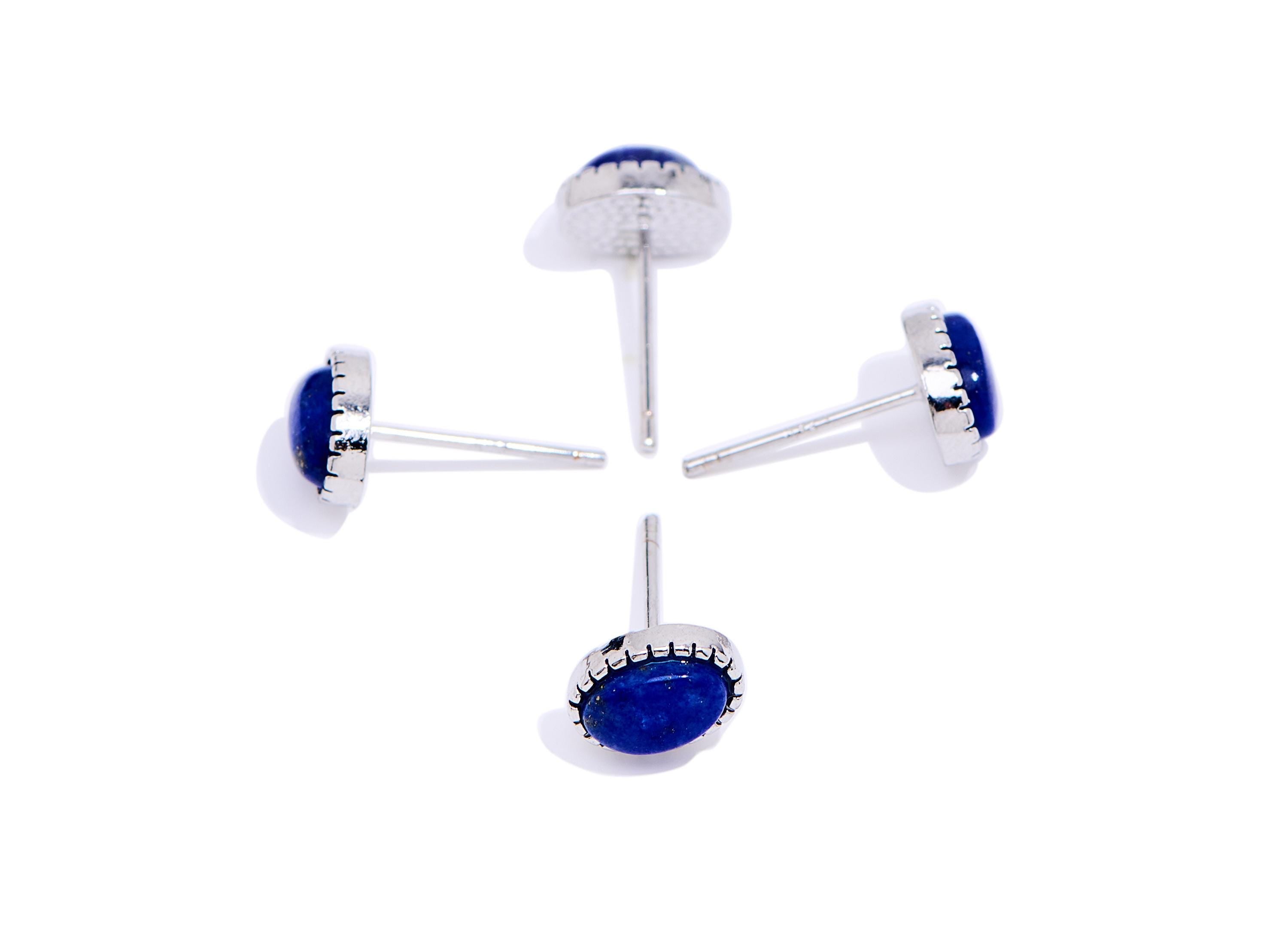 Lapis Lazuli Stone Oval Stud - Brass Natural Gemstone Earring Post - Elegant Jewelry - Silver Stud - White K Plated - 8.34x6.64x4mm - NS2670 - DOMEDBAZAAR