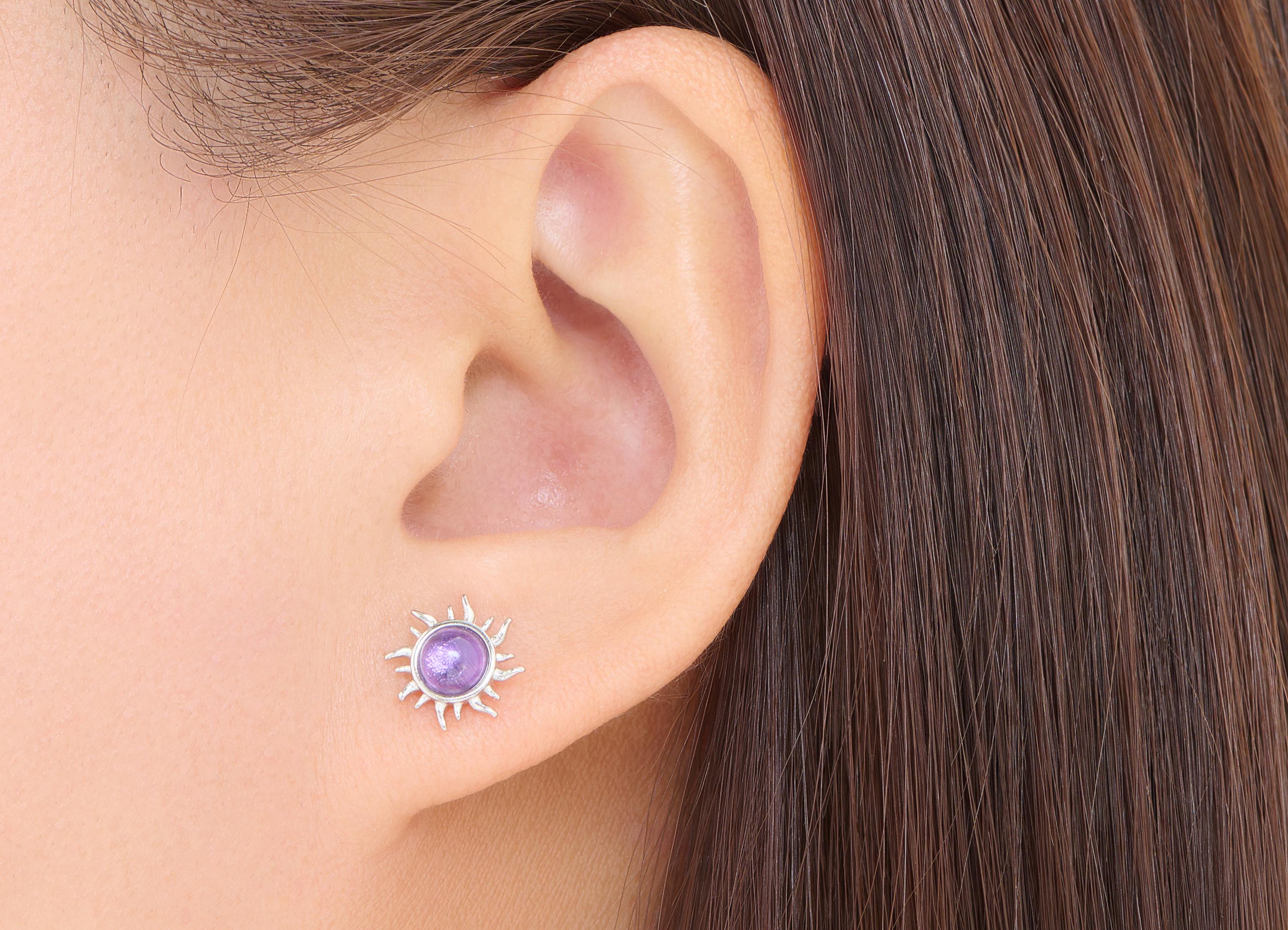 Amethyst Stone Brass Sun Stud - Refined Gemstone Sun Earring Post - Jewelry Making - Silver Stud - White K Plated - 10.72x10.16x4.4mm-NS2646 - DOMEDBAZAAR