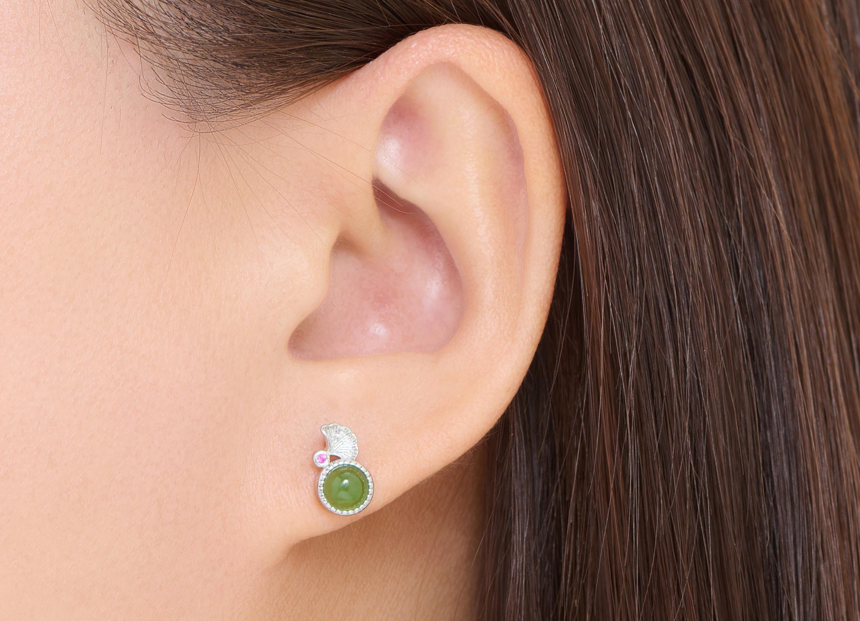 Jade Stone Brass Earring Stud - Brass Leaf Jade Stone Earring Post - Jewelry Making - Silver Stud - White K Plated - 10.8x6.6x4.5mm - NS2676 - DOMEDBAZAAR