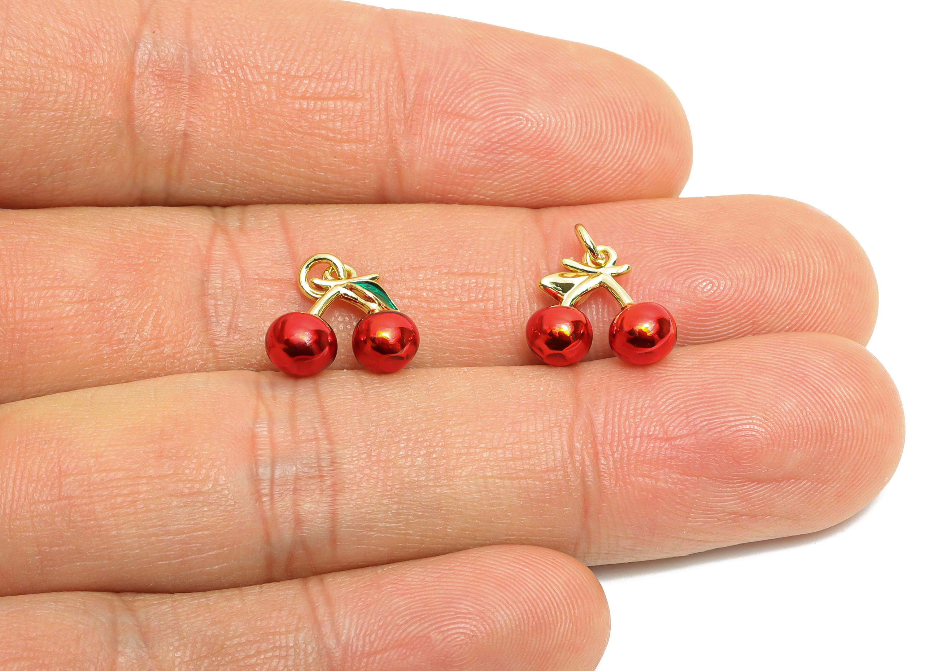 Brass Cherry Charm - Brass Colorful Dainty Enamel Red Cherry Charm - Gold and Red Cherry Charm - 18K Real Gold Plated - 11x12x5mm - RGP10612 - DOMEDBAZAAR