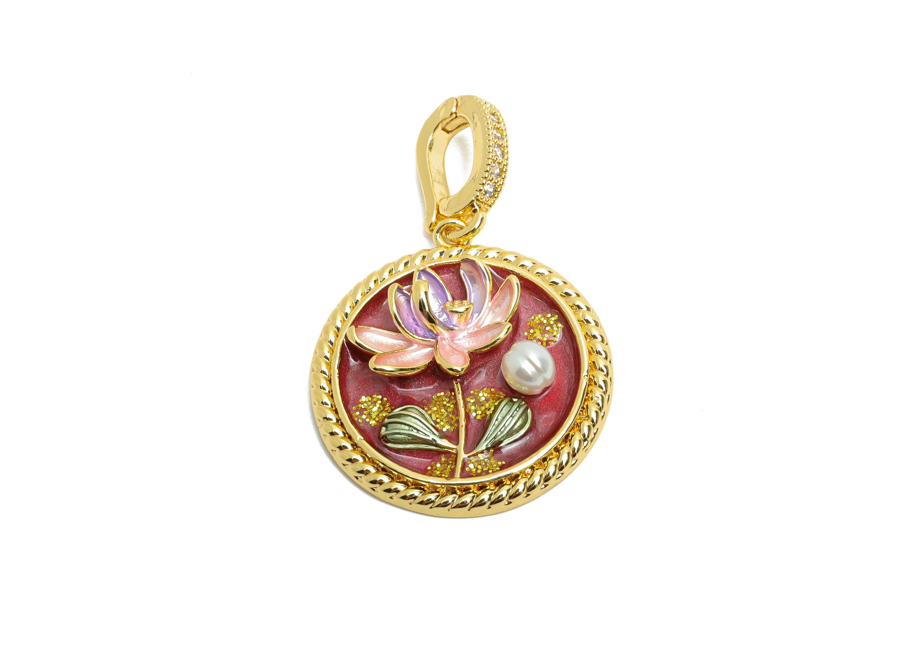 Brass Lotus Pendant - Brass Colorful Enamel Floral Pendant With Pearl - CZ Painting With Bail - 18K Real Gold Plated - 34x22x5mm - RGP10711 - DOMEDBAZAAR
