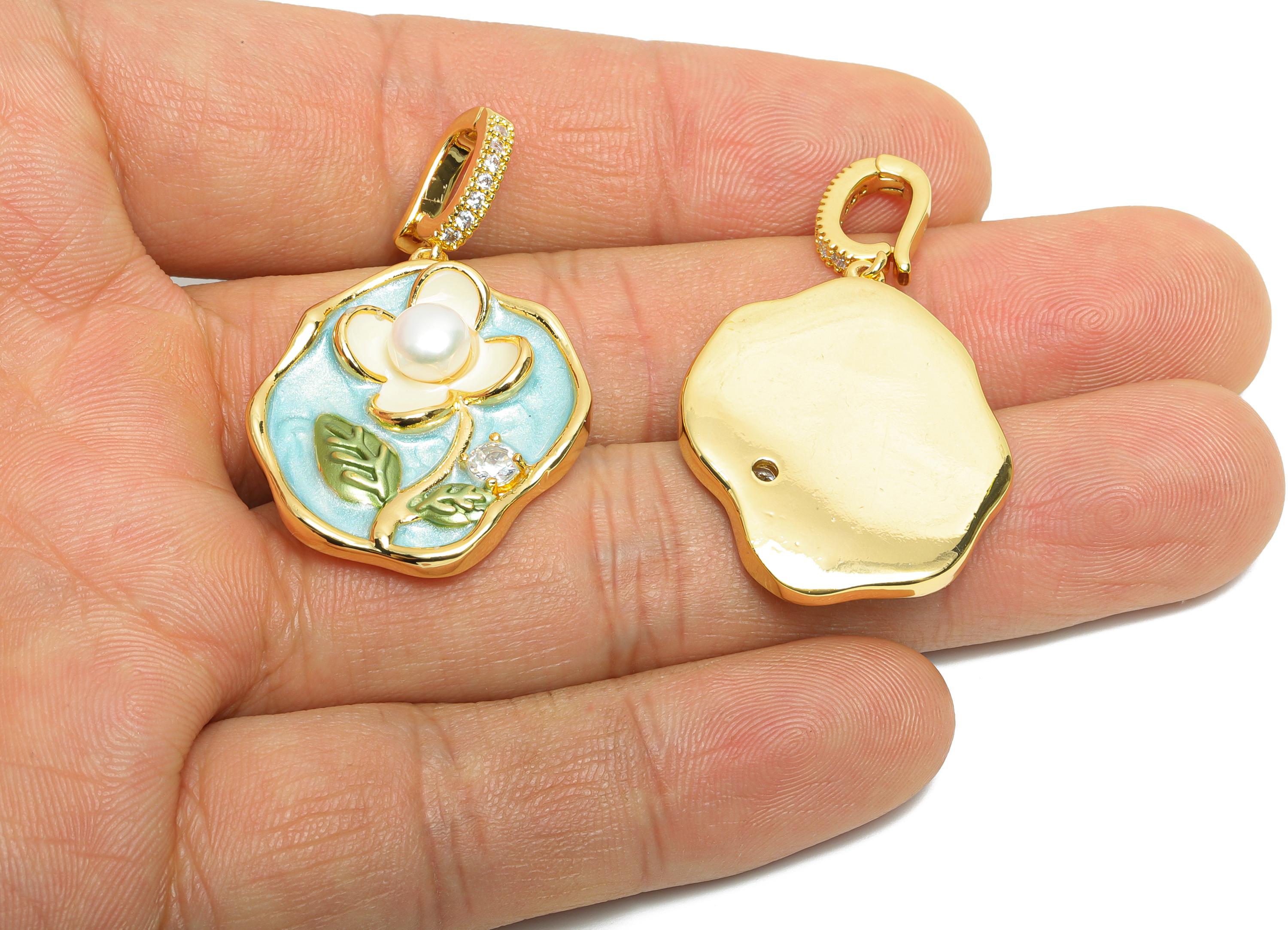 Brass Floral Pendant - Brass Colorful Enamel Pearl Floral Pendant  - Zircon Painting With Bail - 18K Real Gold Plated - 39x24x6mm-RGP10713 - DOMEDBAZAAR