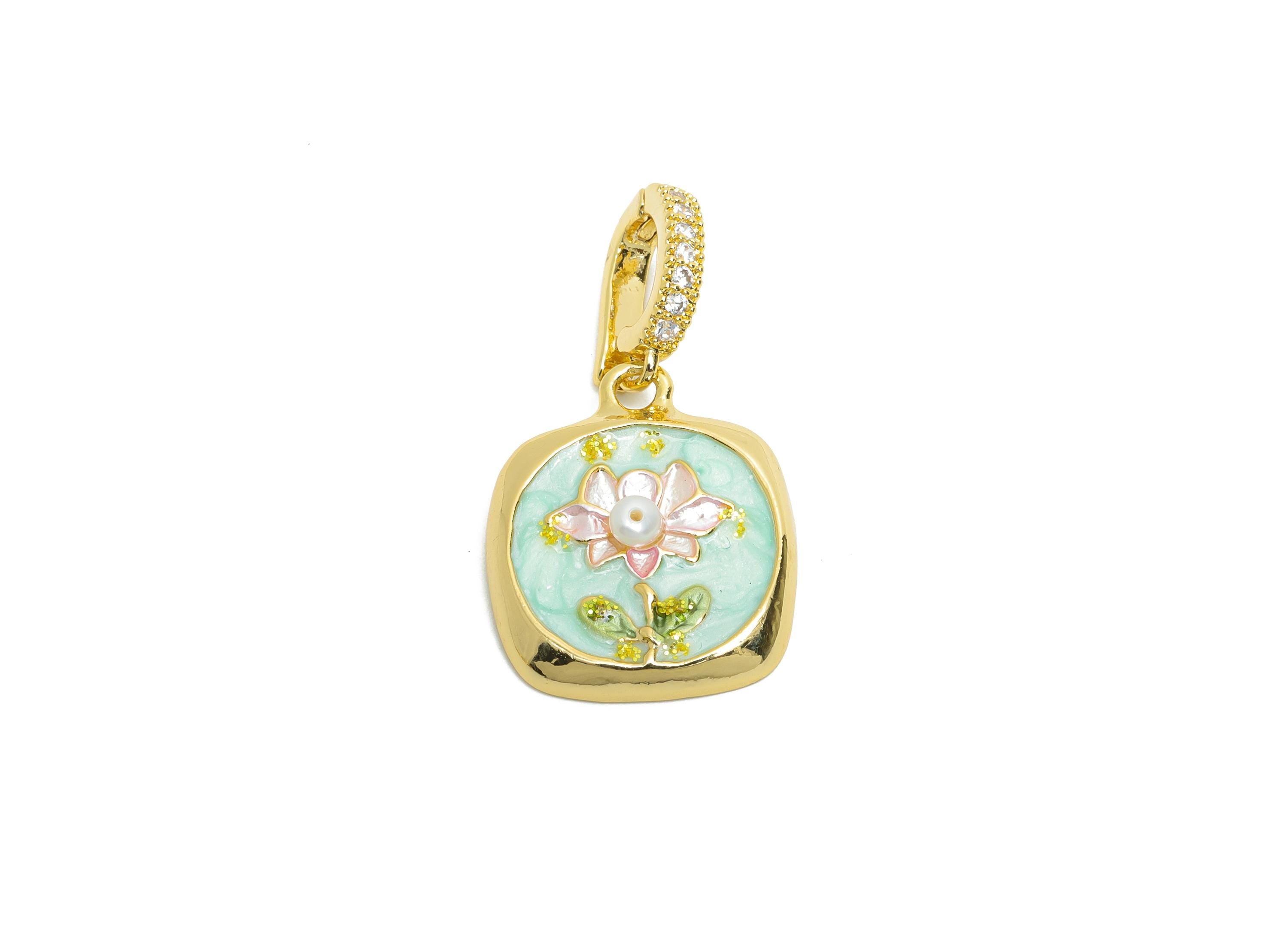 Brass Lotus Pendant - Brass Colorful Enamel Pearl Zircon Pendant  - Bracelet Charm With Bail - 18K Real Gold Plated - 31x17x4mm -RGP10703 - DOMEDBAZAAR