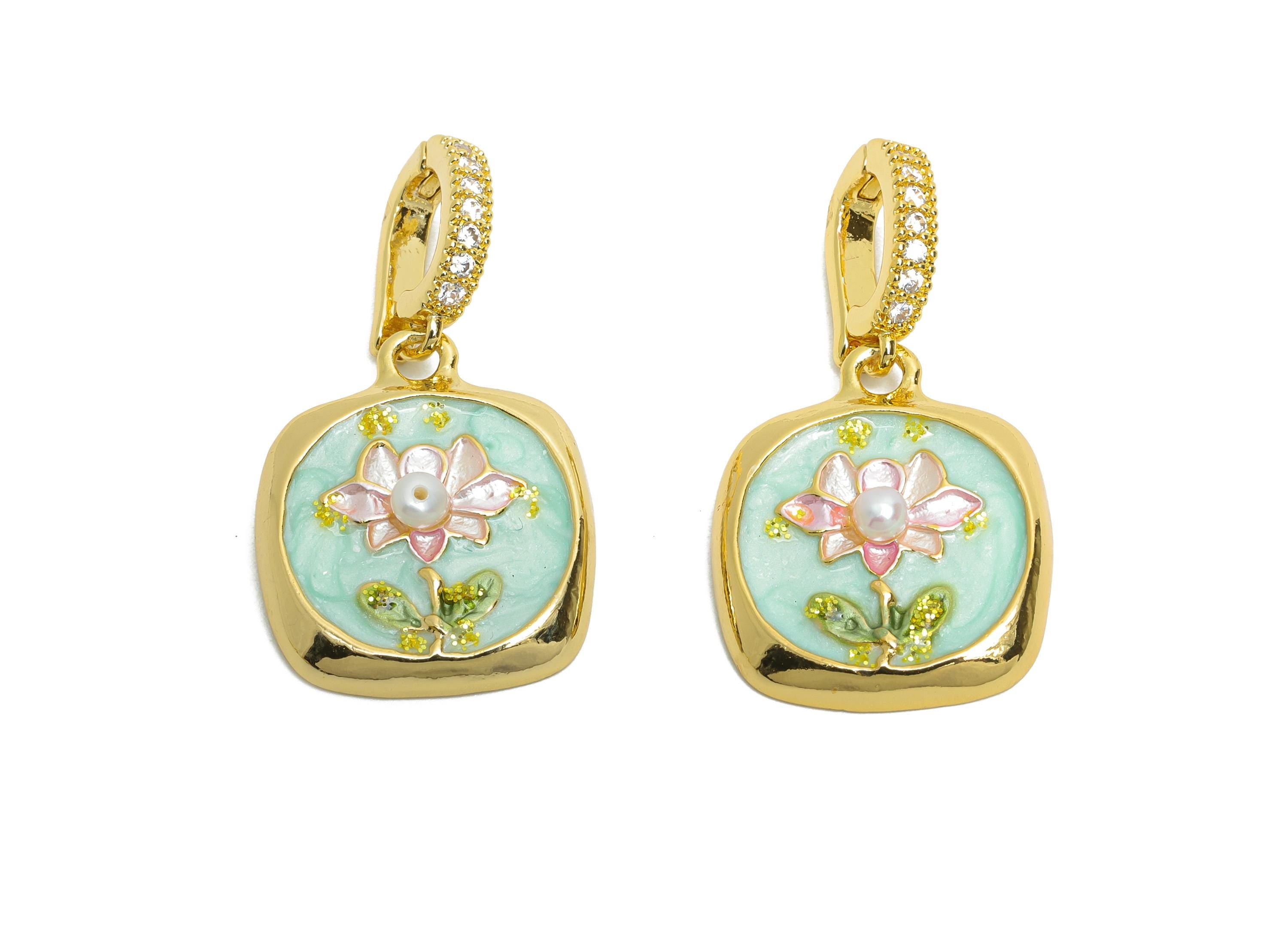 Brass Lotus Pendant - Brass Colorful Enamel Pearl Zircon Pendant  - Bracelet Charm With Bail - 18K Real Gold Plated - 31x17x4mm -RGP10703 - DOMEDBAZAAR