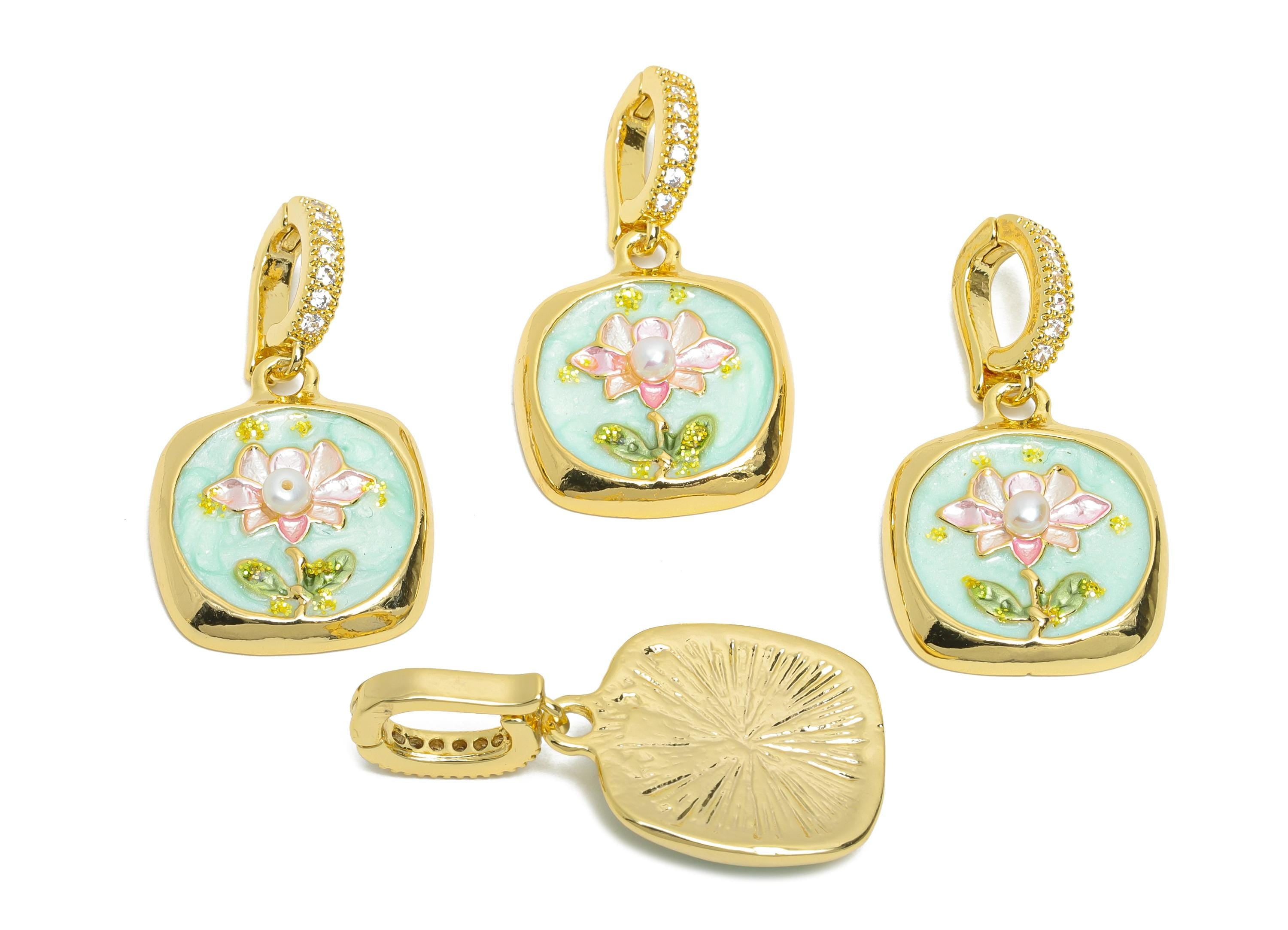 Brass Lotus Pendant - Brass Colorful Enamel Pearl Zircon Pendant  - Bracelet Charm With Bail - 18K Real Gold Plated - 31x17x4mm -RGP10703 - DOMEDBAZAAR