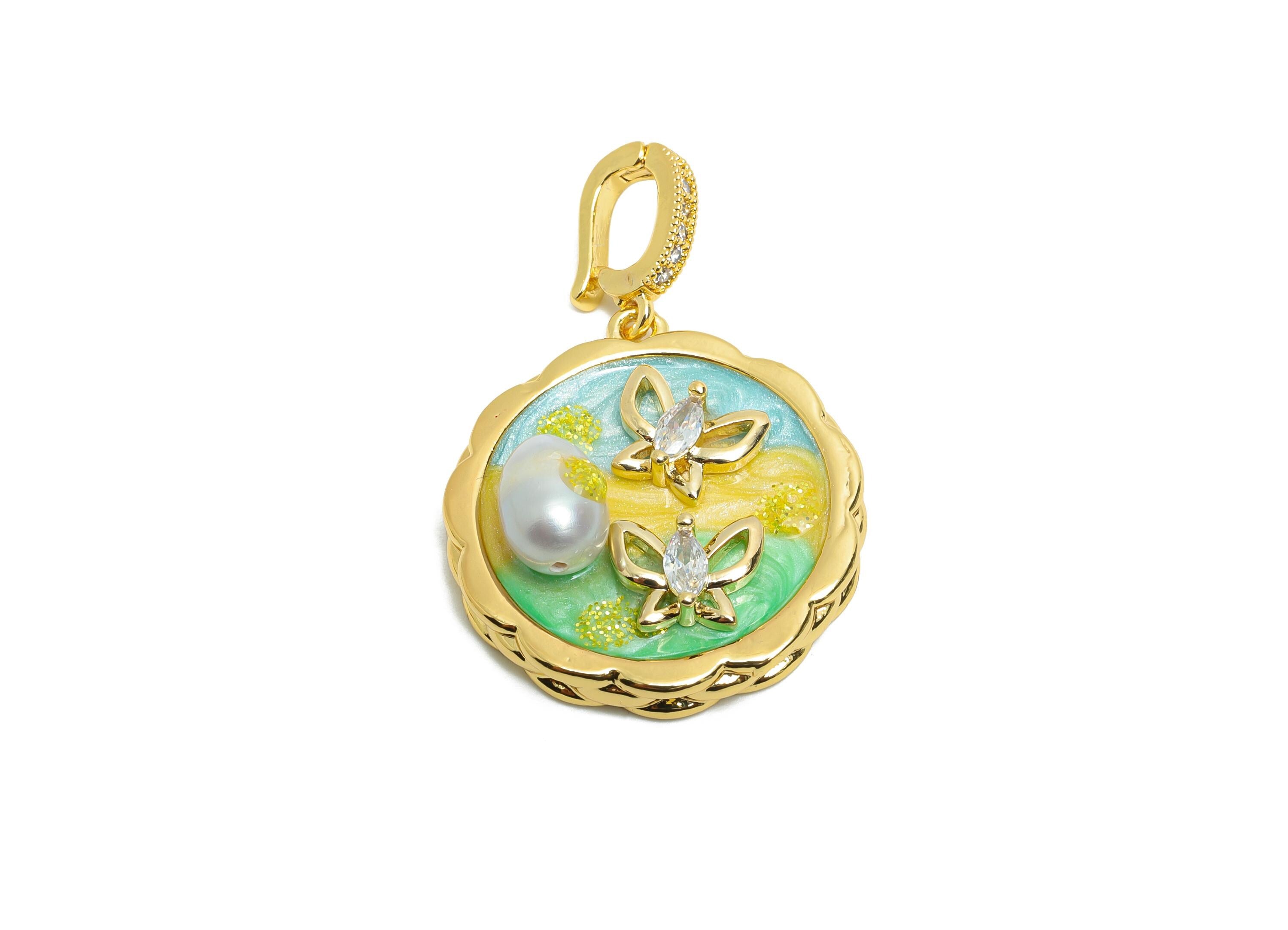 Brass Butterfly Pendant - Brass Colorful Enamel Pearl Zircon Pendant - Marquise Pendant With Bail - 18K Real Gold Plated-37x25x10mm-RGP10715 - DOMEDBAZAAR