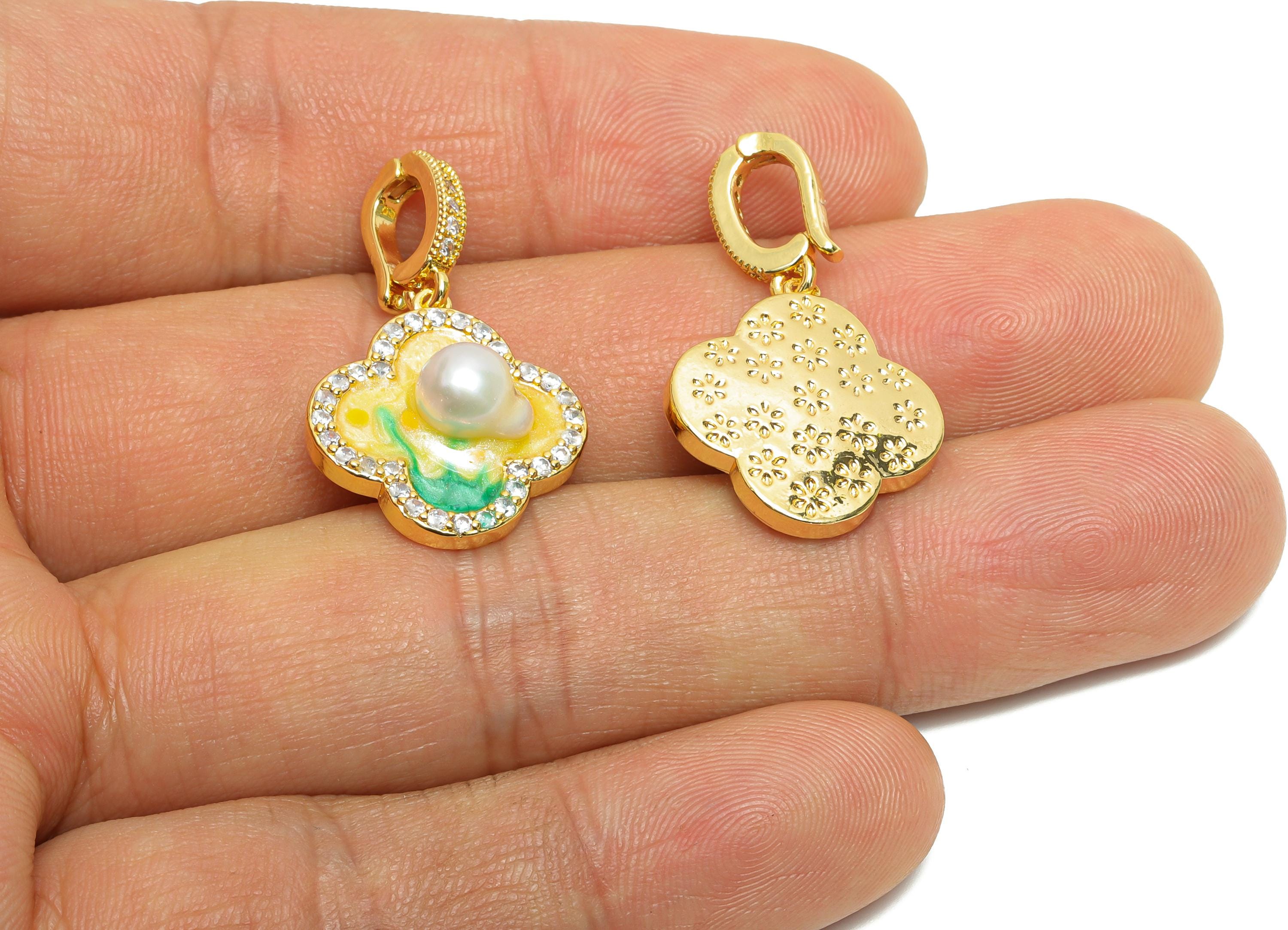 Brass Clover Pendant - Brass Colorful Enamel Pearl Zircon Pendant - Bracelet Charm With Bail - 18K Real Gold Plated - 30x17x7mm -RGP10705 - DOMEDBAZAAR