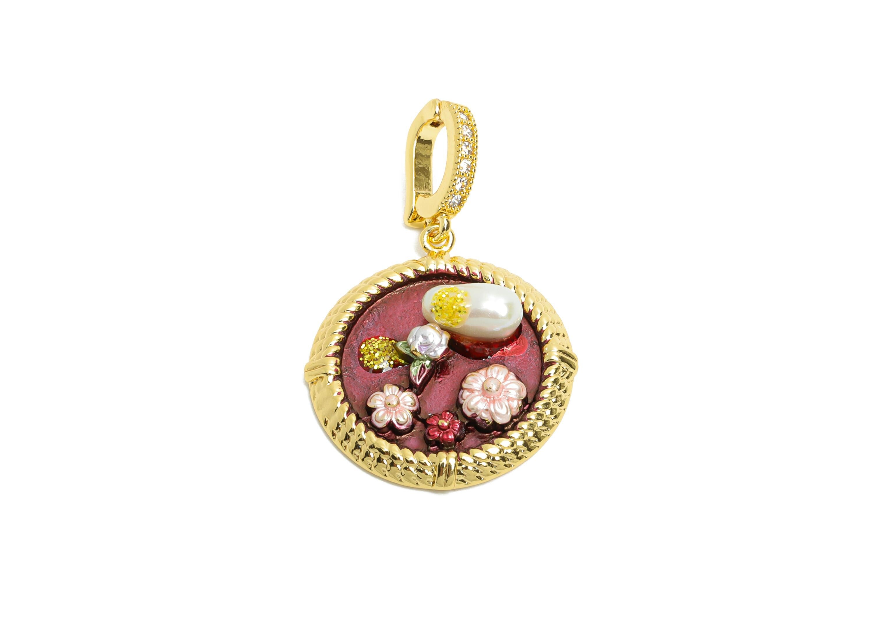 Brass Floral Pendant - Brass Luxe Enamel Pendant With Pearl - Dainty Bracelet Charm With Bail - 18K Real Gold Plated - 34x22x7mm - RGP10704 - DOMEDBAZAAR