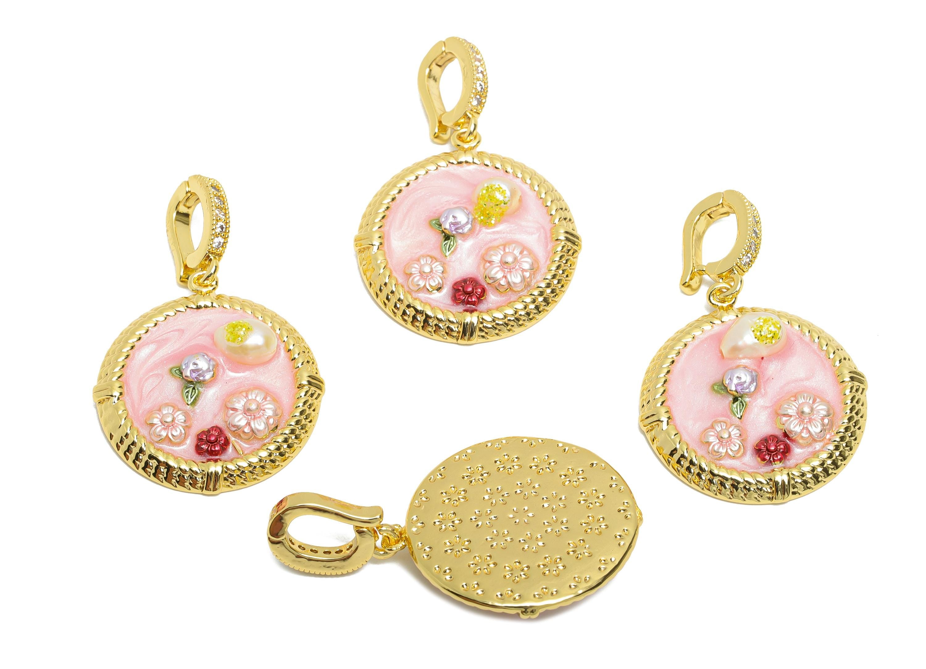 Brass Floral Pendant - Brass Luxe Enamel Dainty Pendant With Pearl - Spring Vintage With Bail - 18K Real Gold Plated - 34x22x6mm - RGP10698 - DOMEDBAZAAR