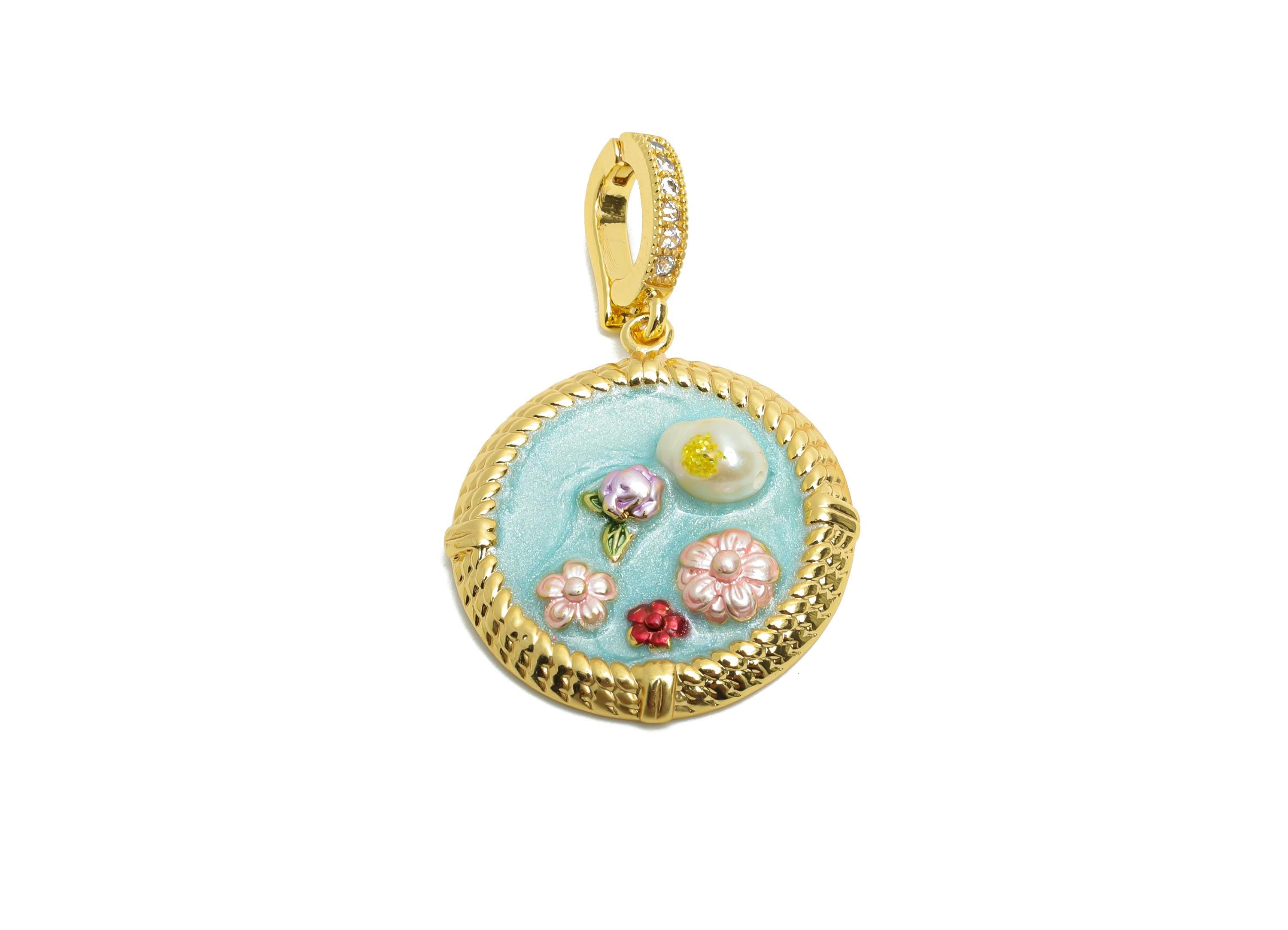 Brass Floral Pendant - Brass Luxe Enamel Pendant With Pearl - Dainty Colorful Vintage With Bail - 18K Real Gold Plated - 33x22x6mm -RGP10710 - DOMEDBAZAAR