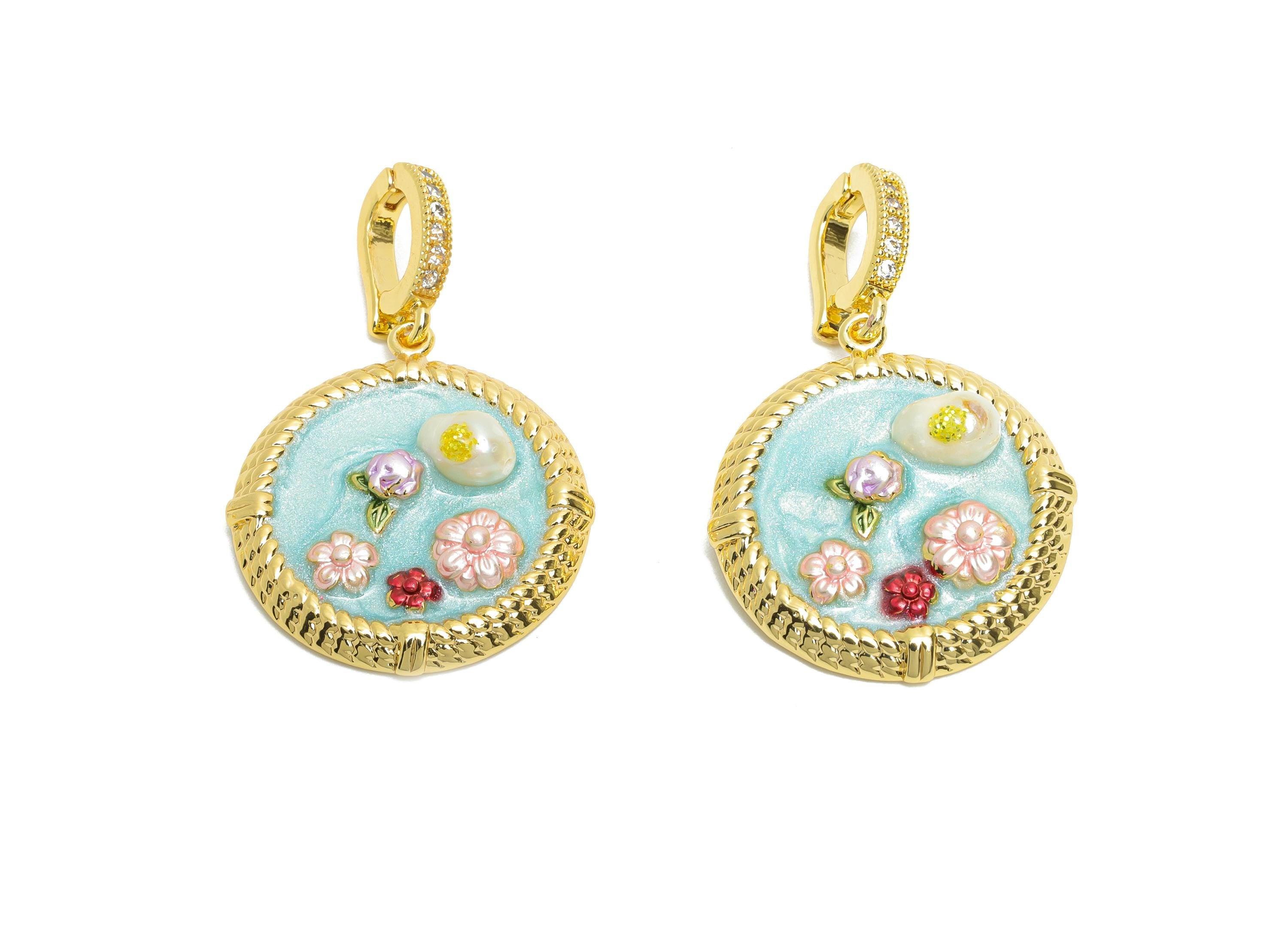 Brass Floral Pendant - Brass Luxe Enamel Pendant With Pearl - Dainty Colorful Vintage With Bail - 18K Real Gold Plated - 33x22x6mm -RGP10710 - DOMEDBAZAAR