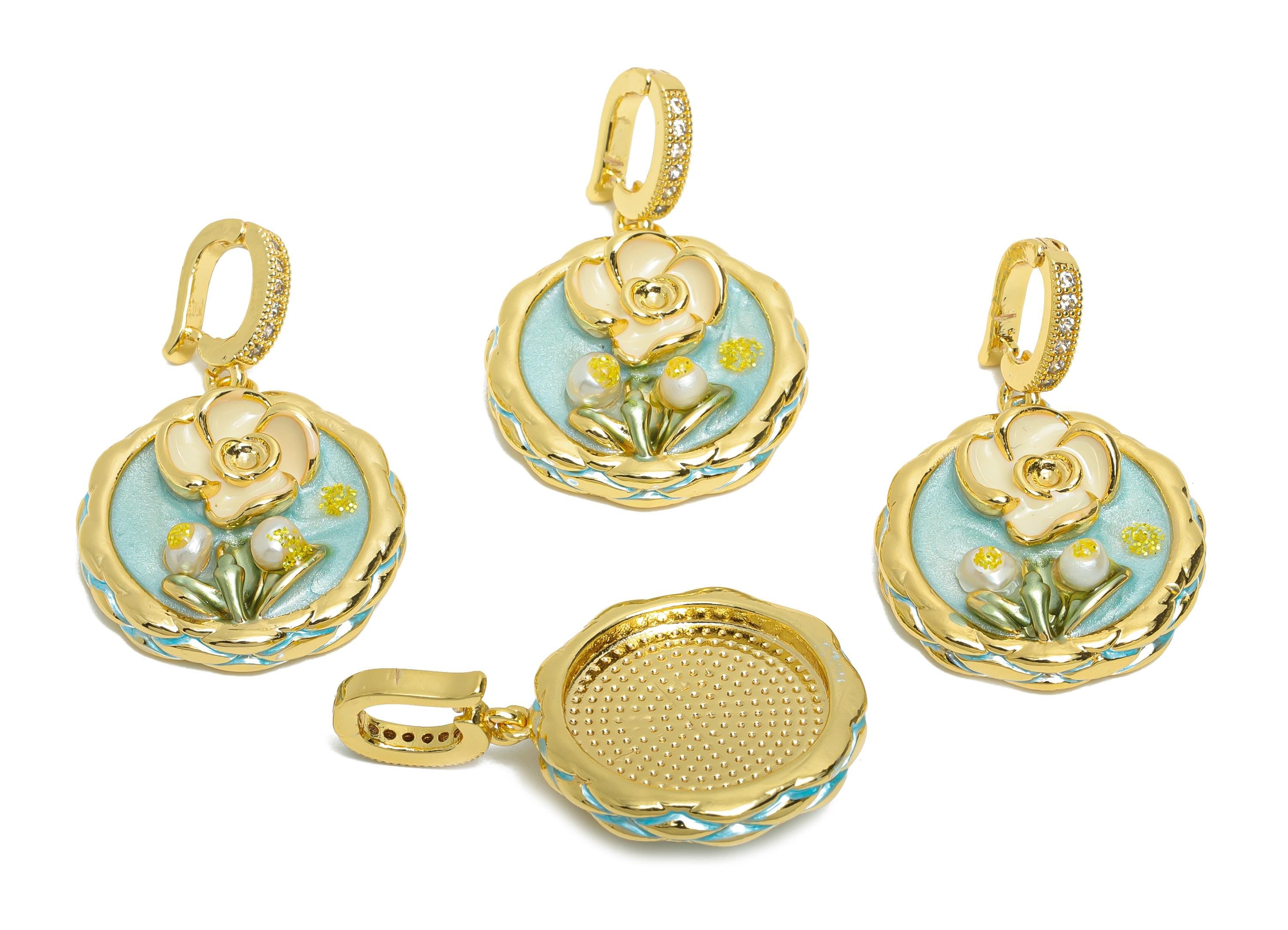 Elegant Floral Pendant - Brass Pearl Enamel Pendant - Dainty Vintage Bracelet Charm With Bail - 18K Real Gold Plated - 33x21x8mm - RGP10709 - DOMEDBAZAAR