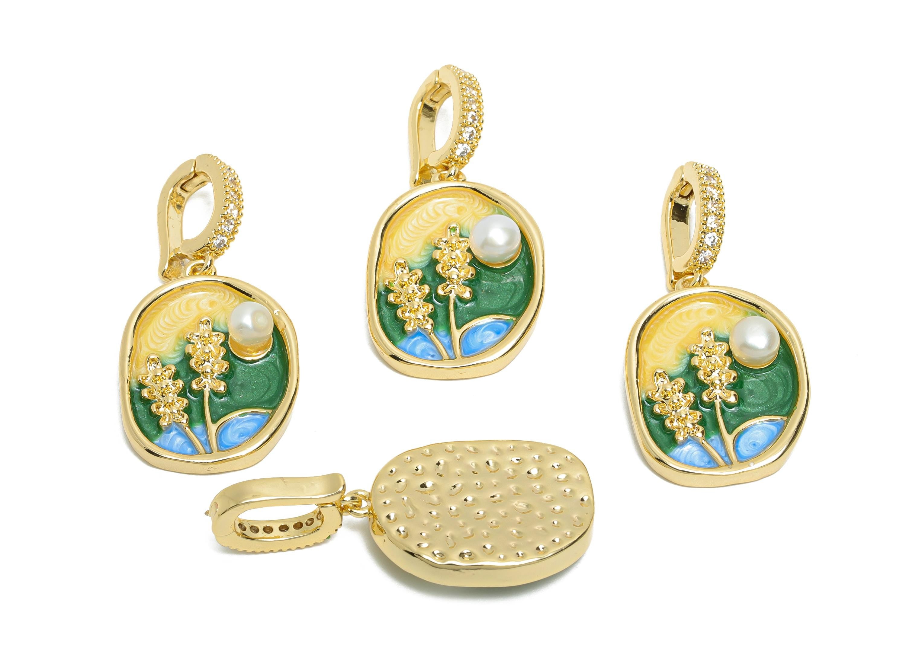 Elegant Floral Pendant - Brass Pearl Enamel Pendant - Boho Vintage Bracelet Charm With Bail - 18K Real Gold Plated - 33.68x16x5mm - RGP10702 - DOMEDBAZAAR
