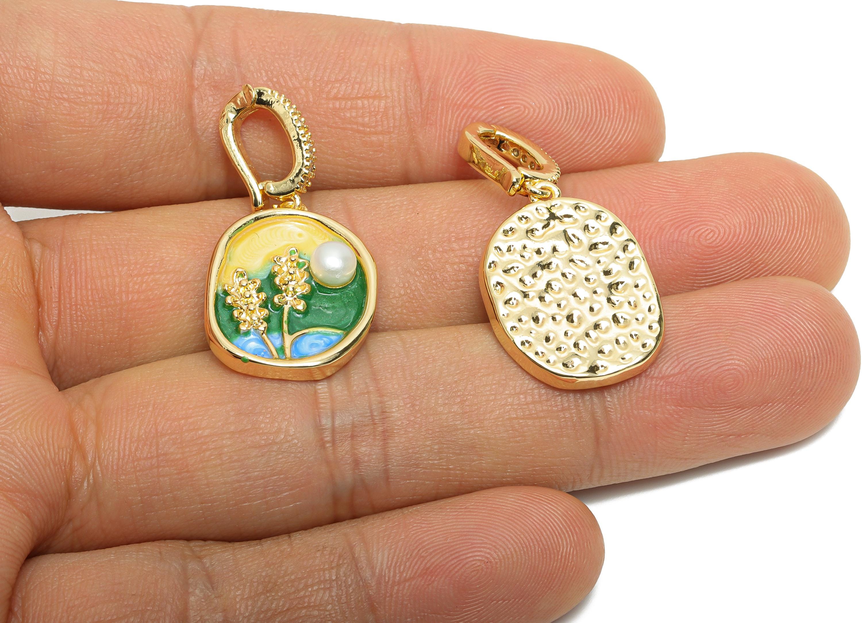 Elegant Floral Pendant - Brass Pearl Enamel Pendant - Boho Vintage Bracelet Charm With Bail - 18K Real Gold Plated - 33.68x16x5mm - RGP10702 - DOMEDBAZAAR