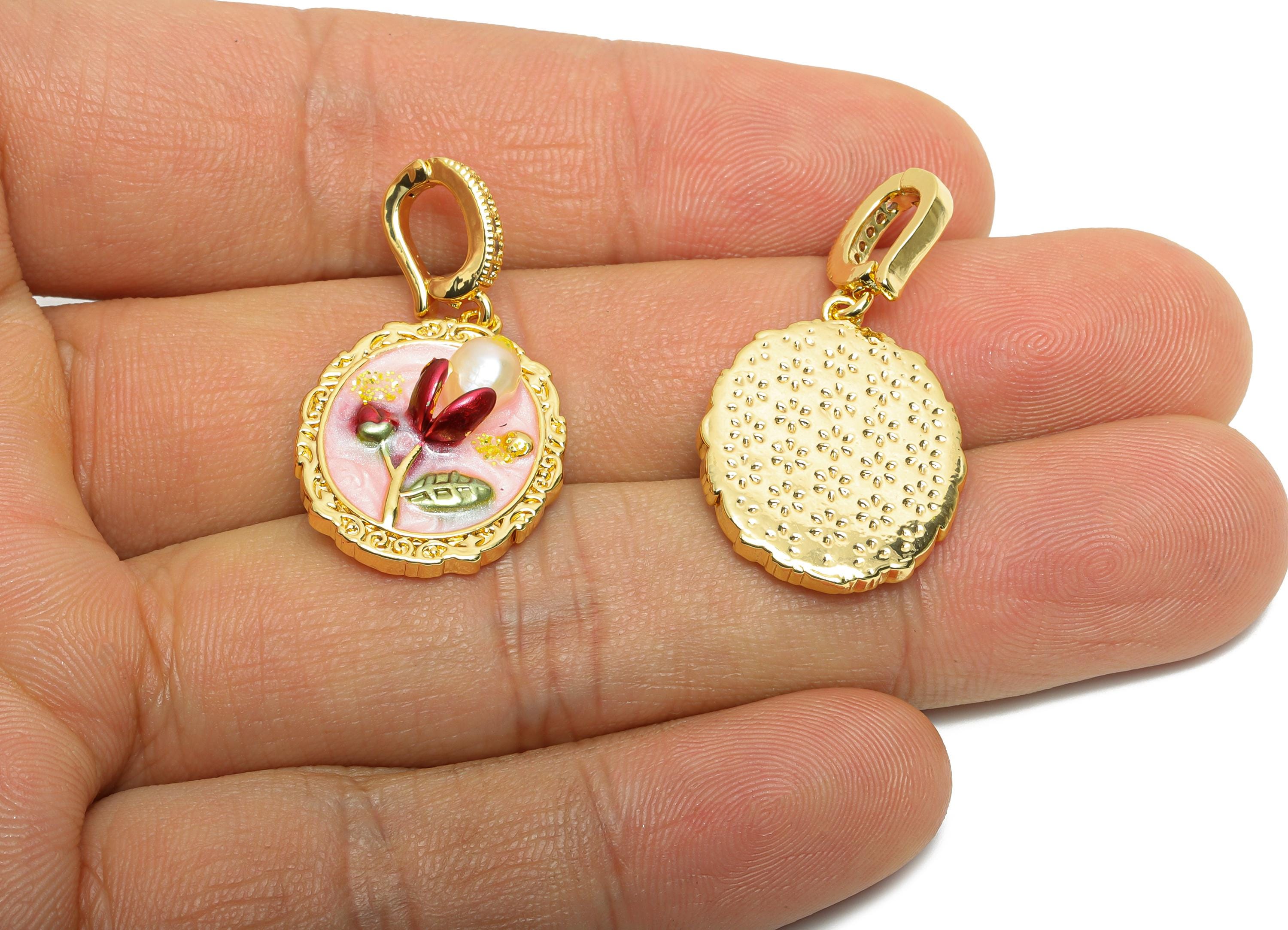 Elegant Floral Pendant - Brass Luxury Enamel Pendant With Pearl -  Vintage Looking Pendant - 18K Real Gold Plated - 33x17x6.02mm - RGP10714 - DOMEDBAZAAR