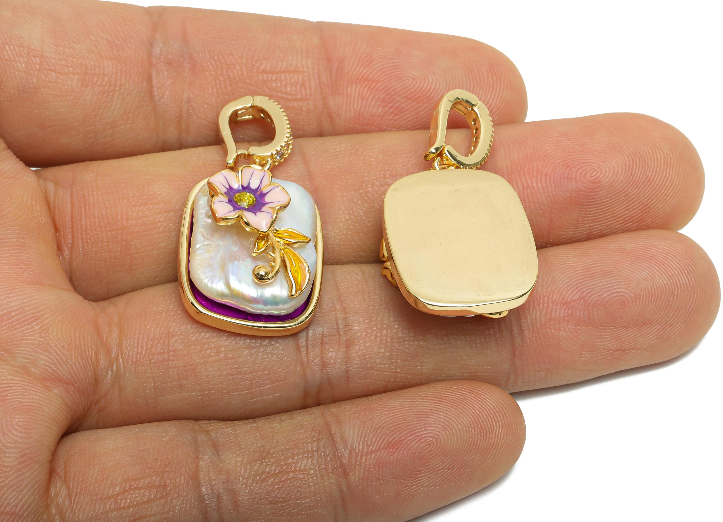Mother of Pearl Pendant - Brass Luxury Enamel Floral Pendant - Elegant Bracelet Charm With Bail - 18K Real Gold Plated - 35x17x10mm-RGP10700 - DOMEDBAZAAR