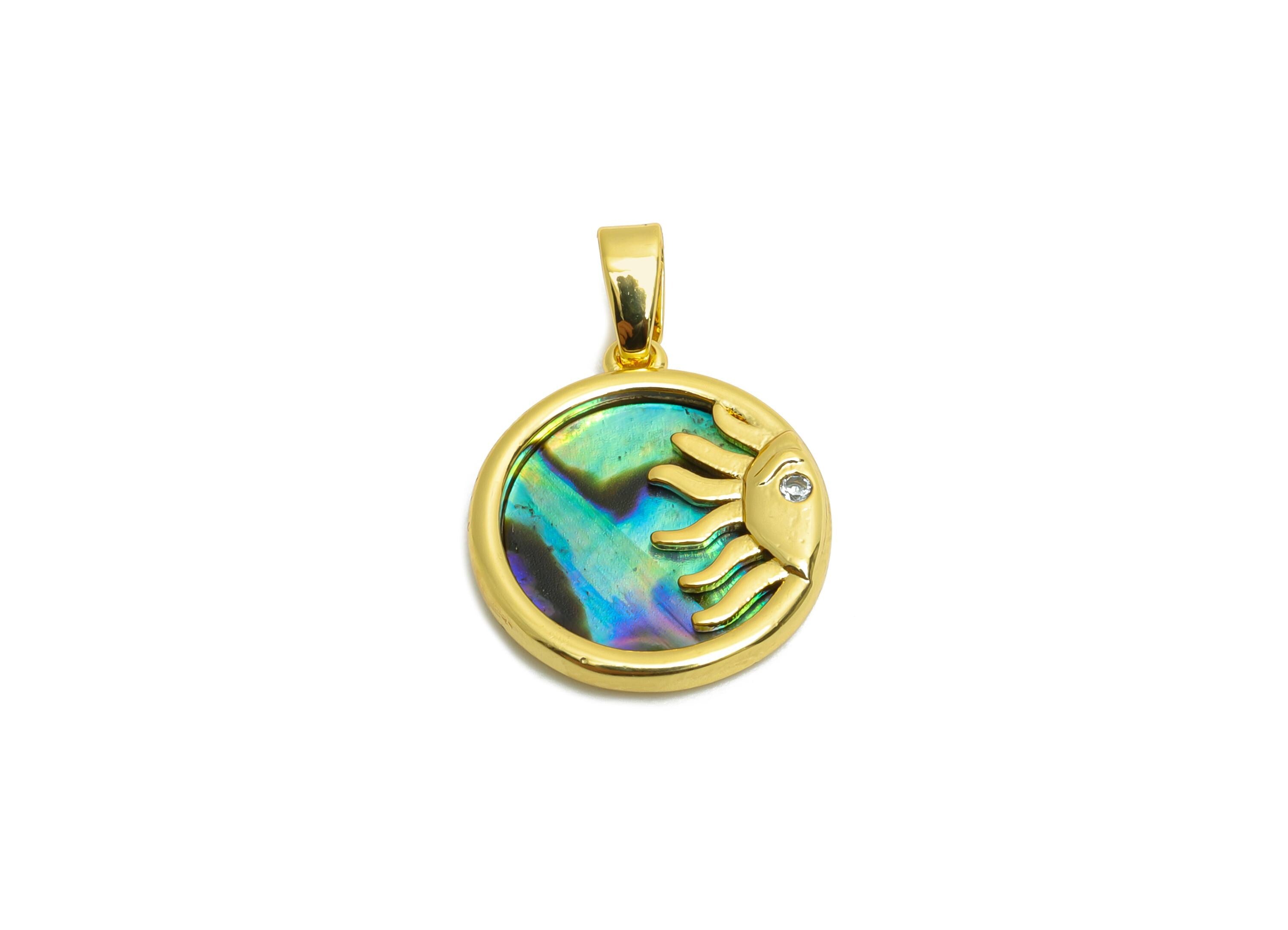 Abalone Shell Pendant - Brass CZ Gold Sun Motif Pendant - Bohemian Sunburst Abalone With Bail - 18K Real Gold Plated - 16x14x5mm - RGP10632 - DOMEDBAZAAR