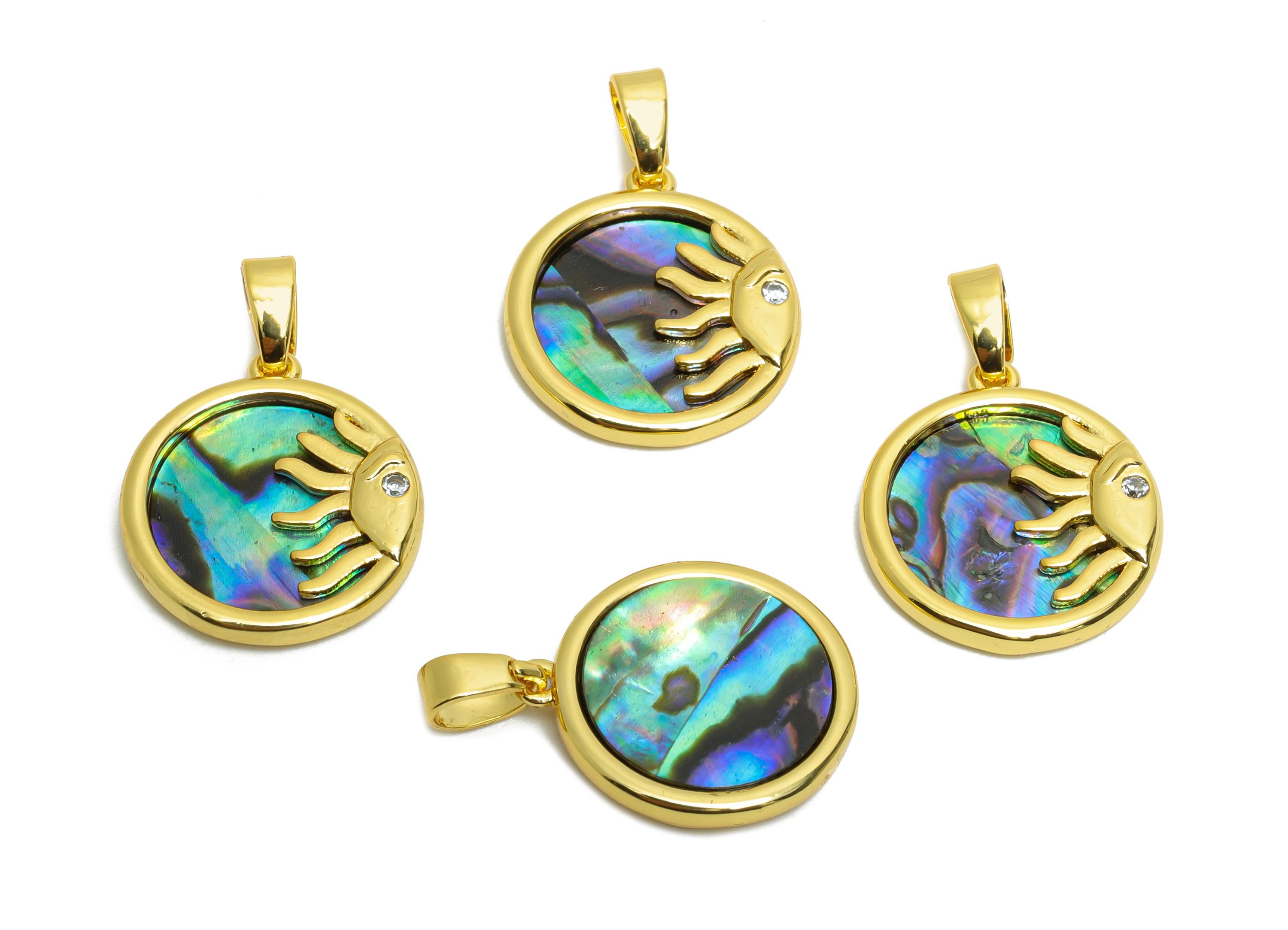 Abalone Shell Pendant - Brass CZ Gold Sun Motif Pendant - Bohemian Sunburst Abalone With Bail - 18K Real Gold Plated - 16x14x5mm - RGP10632 - DOMEDBAZAAR