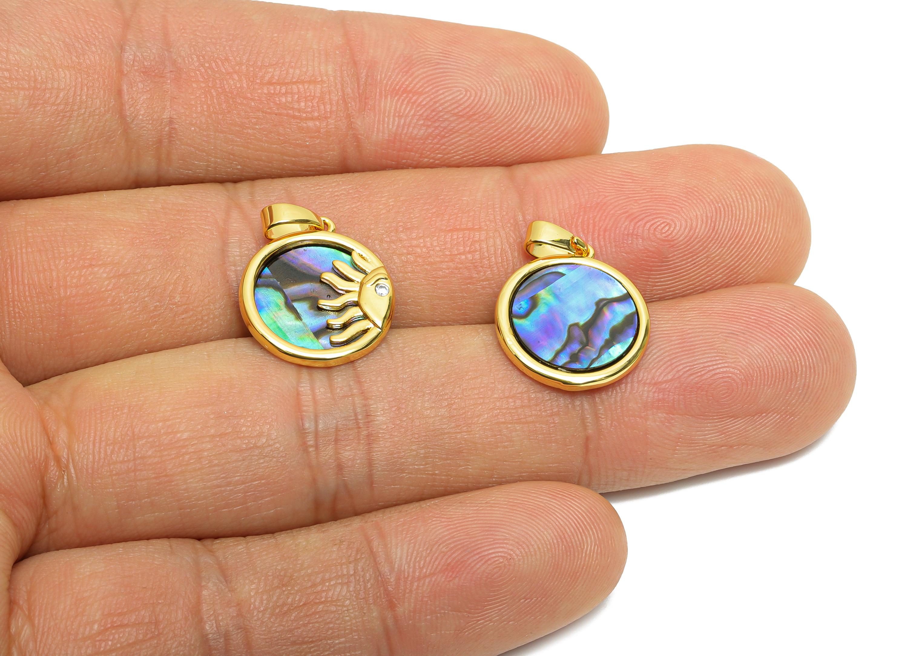 Abalone Shell Pendant - Brass CZ Gold Sun Motif Pendant - Bohemian Sunburst Abalone With Bail - 18K Real Gold Plated - 16x14x5mm - RGP10632 - DOMEDBAZAAR
