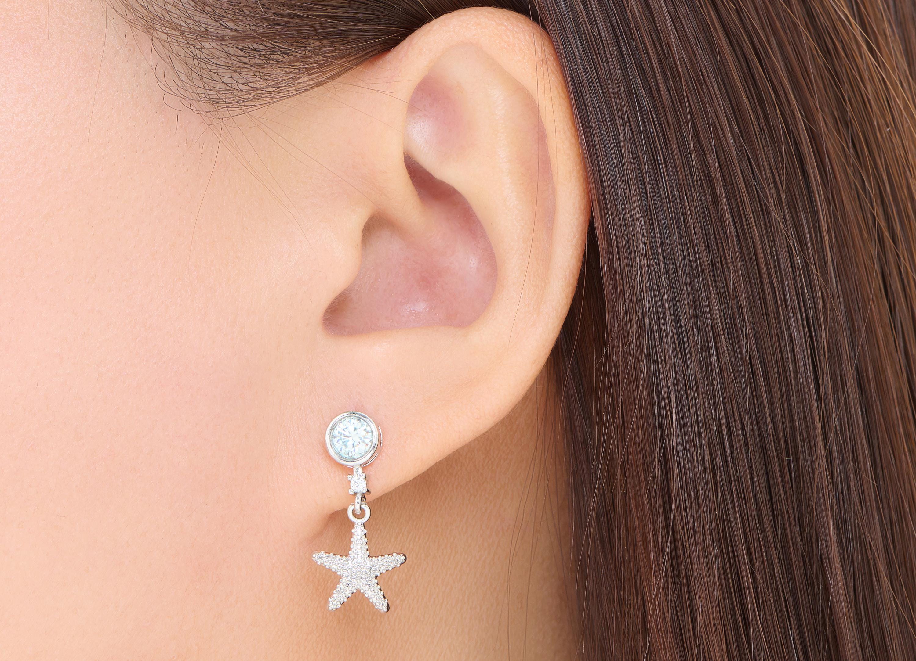Mosan Stone Dangle Starfish Stud - Sparking Brass Zircon Dangle Earring Post - Dainty Jewelry Making - White K Plated - 23x11x3mm - NS2638 - DOMEDBAZAAR