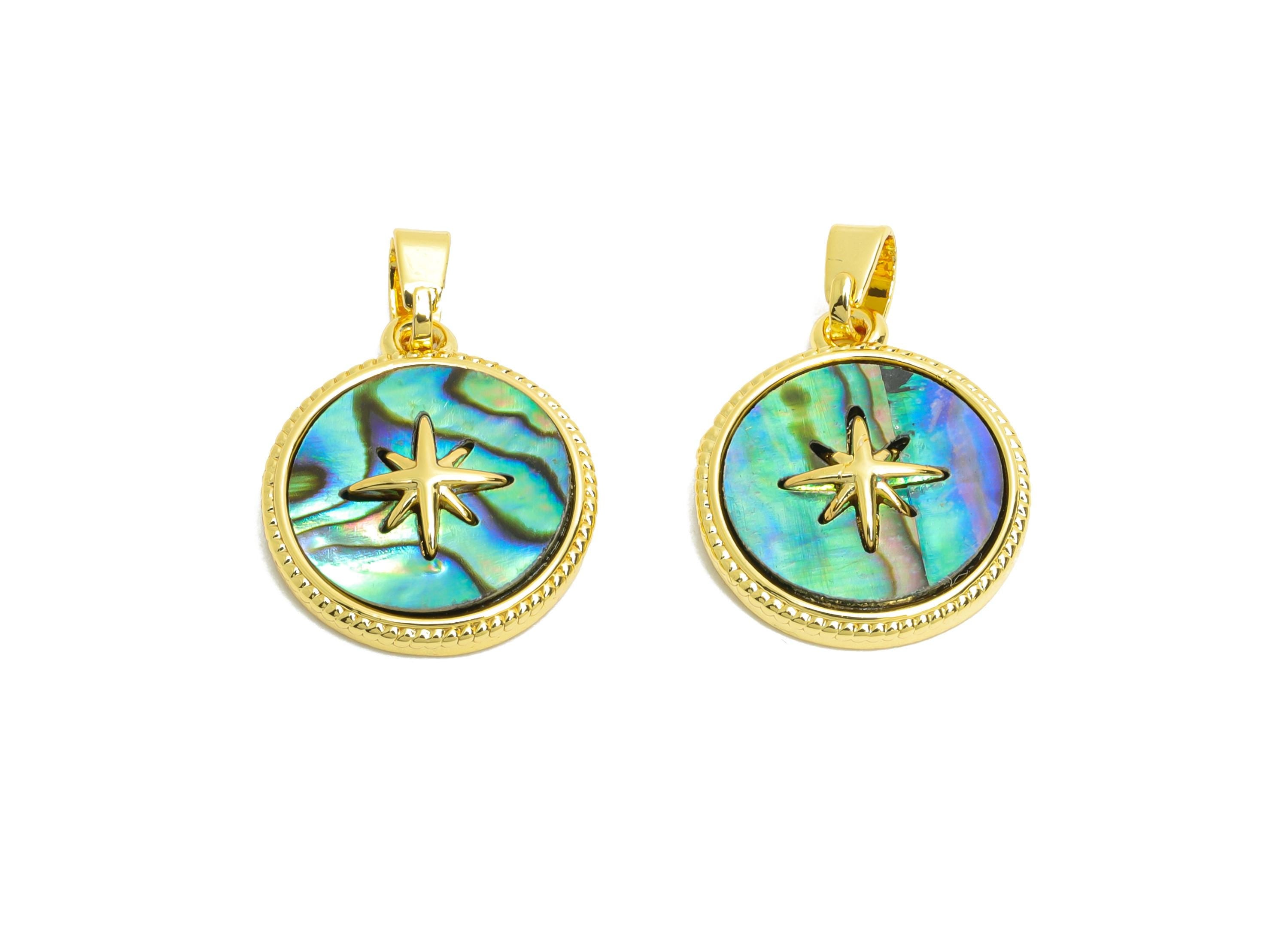 Abalone Shell Pendant - Brass Gold Star Motif Pendant - Bohemian North Abalone With Bail - 18K Real Gold Plated - 16x14x3.42mm - RGP10631 - DOMEDBAZAAR