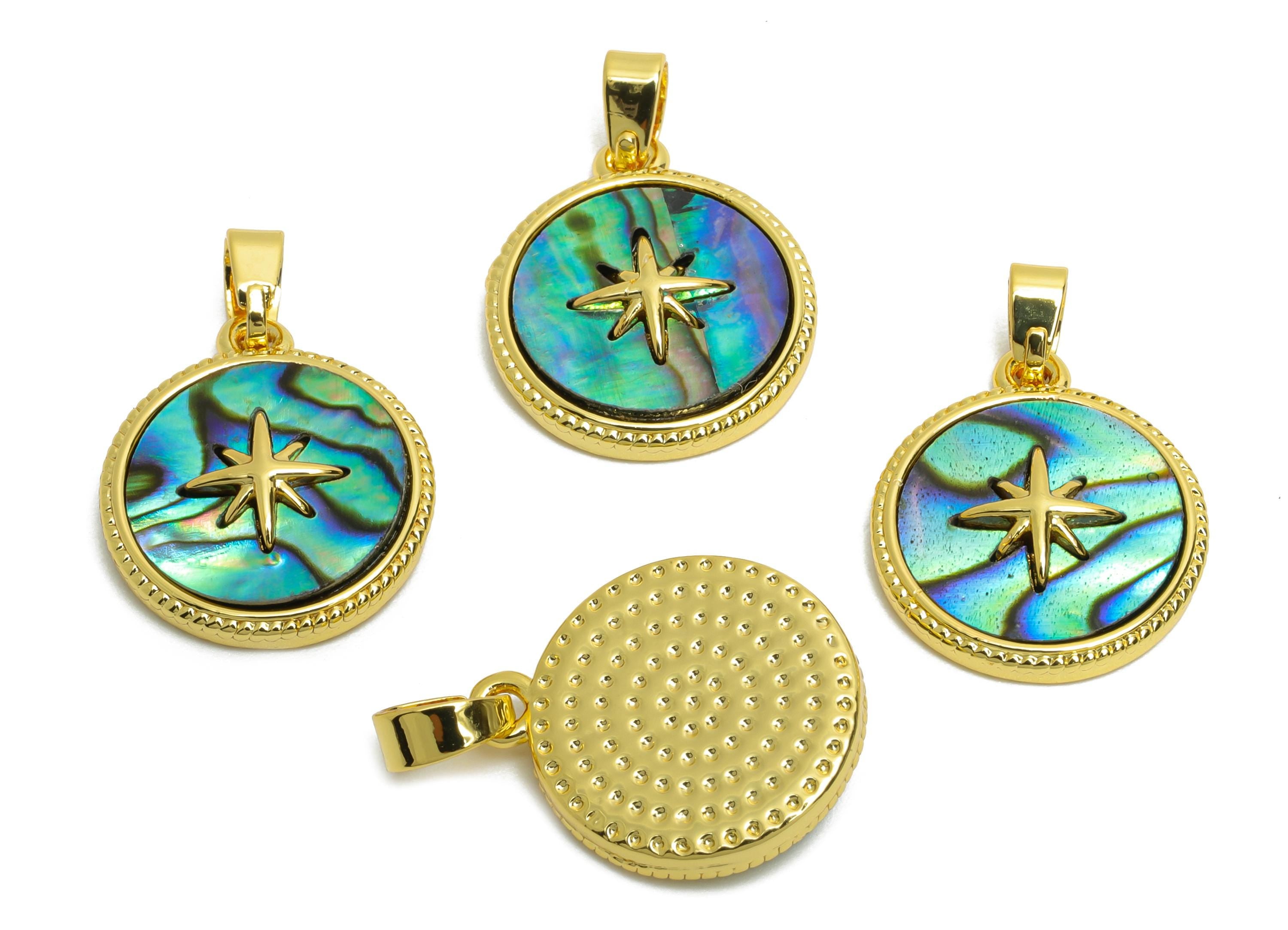 Abalone Shell Pendant - Brass Gold Star Motif Pendant - Bohemian North Abalone With Bail - 18K Real Gold Plated - 16x14x3.42mm - RGP10631 - DOMEDBAZAAR