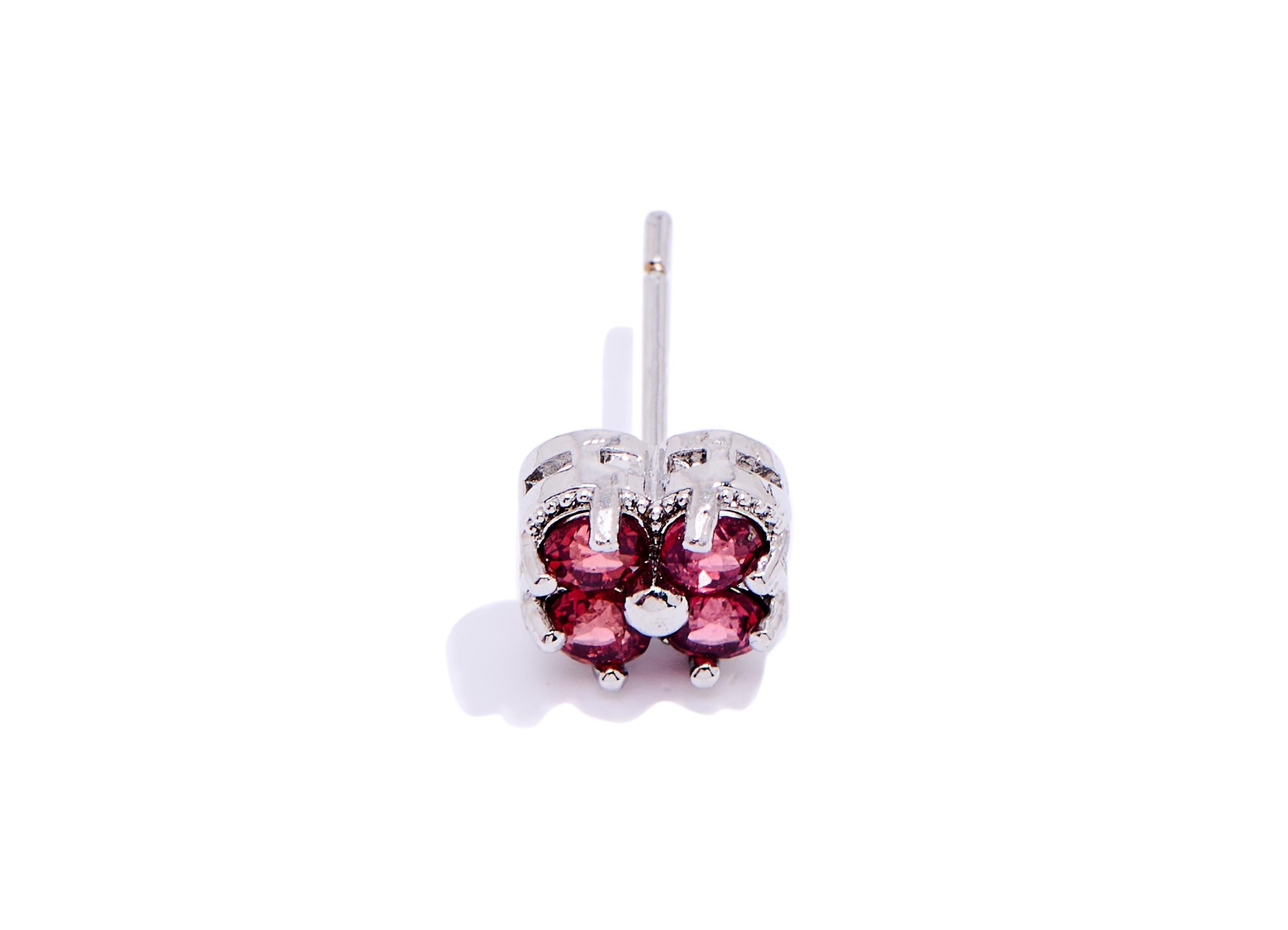 Garnet Floral Earring Stud - Sparkling Brass Cluster Stone Post - Dainty Jewelry Making - Silver Stud - White K Plated - 8.8x7.6x4mm -NS2654 - DOMEDBAZAAR