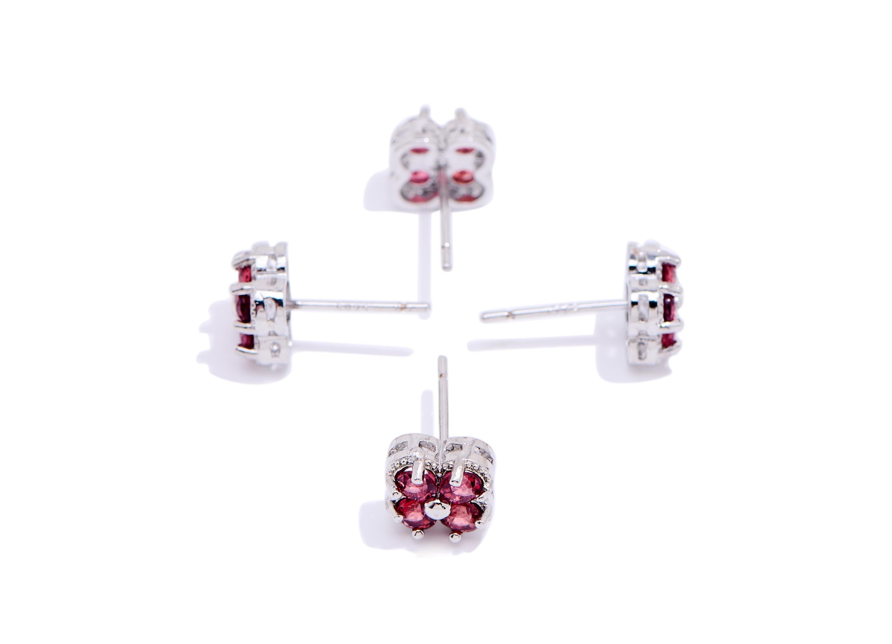 Garnet Floral Earring Stud - Sparkling Brass Cluster Stone Post - Dainty Jewelry Making - Silver Stud - White K Plated - 8.8x7.6x4mm -NS2654 - DOMEDBAZAAR