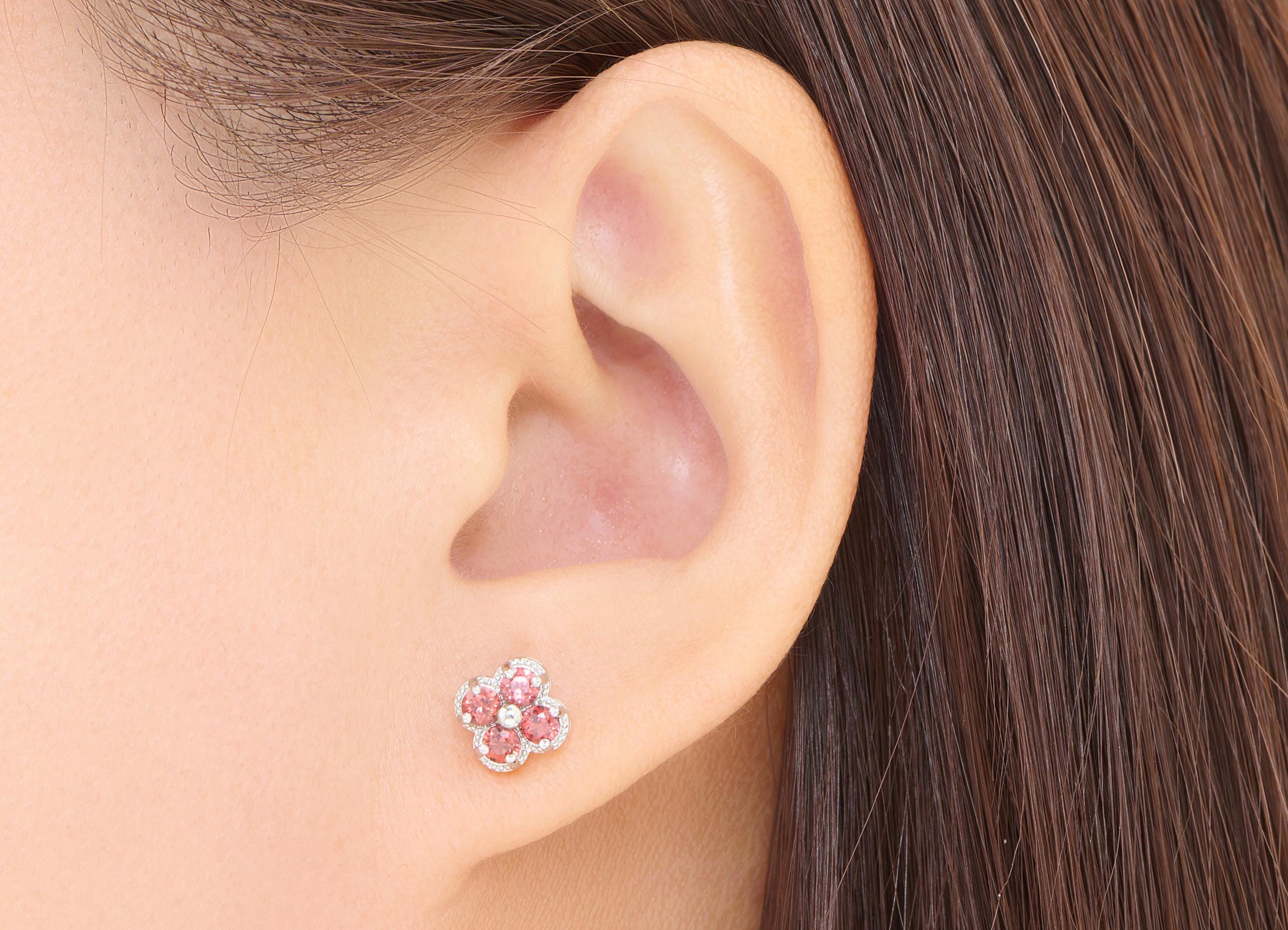 Garnet Floral Earring Stud - Sparkling Brass Cluster Stone Post - Dainty Jewelry Making - Silver Stud - White K Plated - 8.8x7.6x4mm -NS2654 - DOMEDBAZAAR