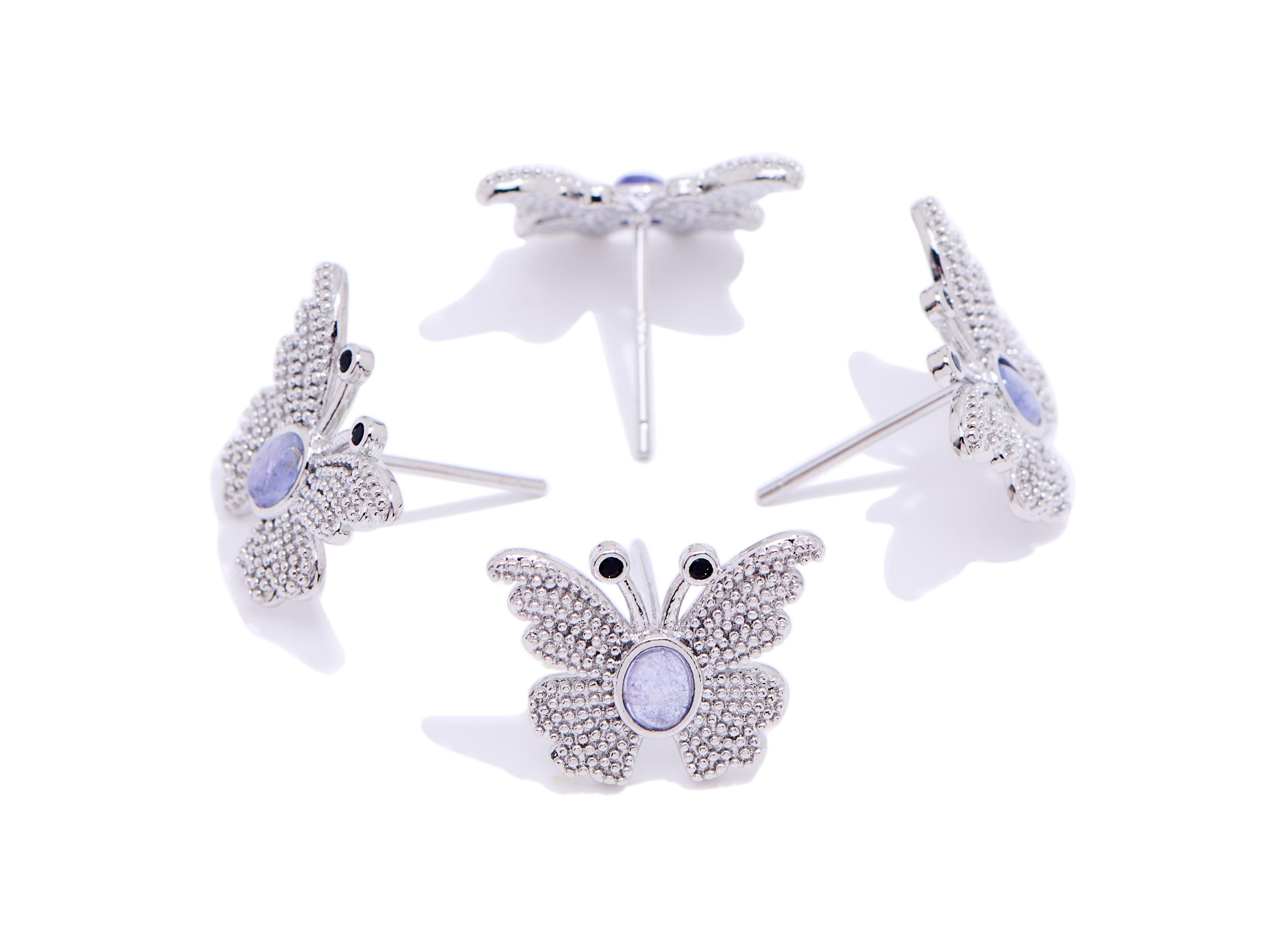 Tanzanite Brass Butterfly Studs - Elegant Gemstone Insect Post - Dainty Jewelry Making - Silver Stud - White K Plated - 15.6x12x3mm - NS2579 - DOMEDBAZAAR