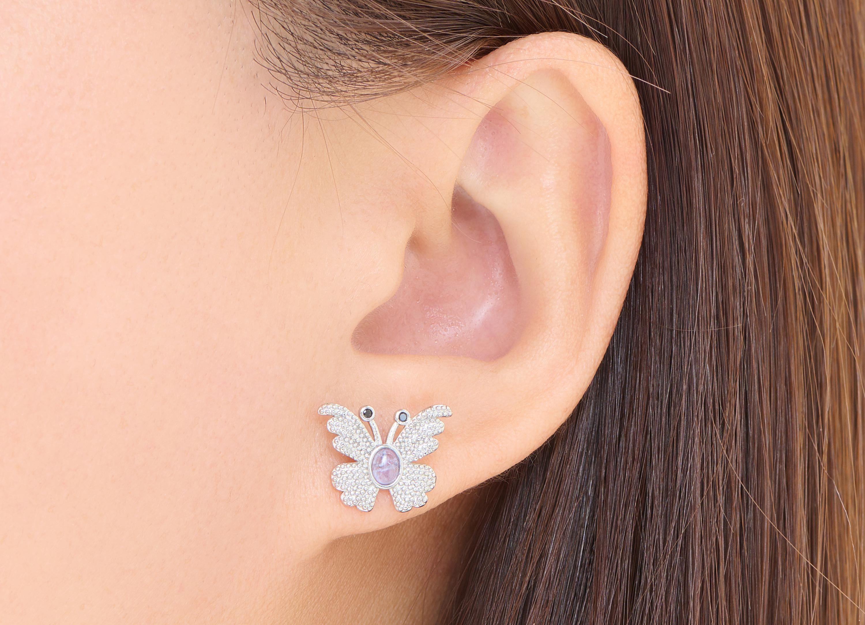 Tanzanite Brass Butterfly Studs - Elegant Gemstone Insect Post - Dainty Jewelry Making - Silver Stud - White K Plated - 15.6x12x3mm - NS2579 - DOMEDBAZAAR