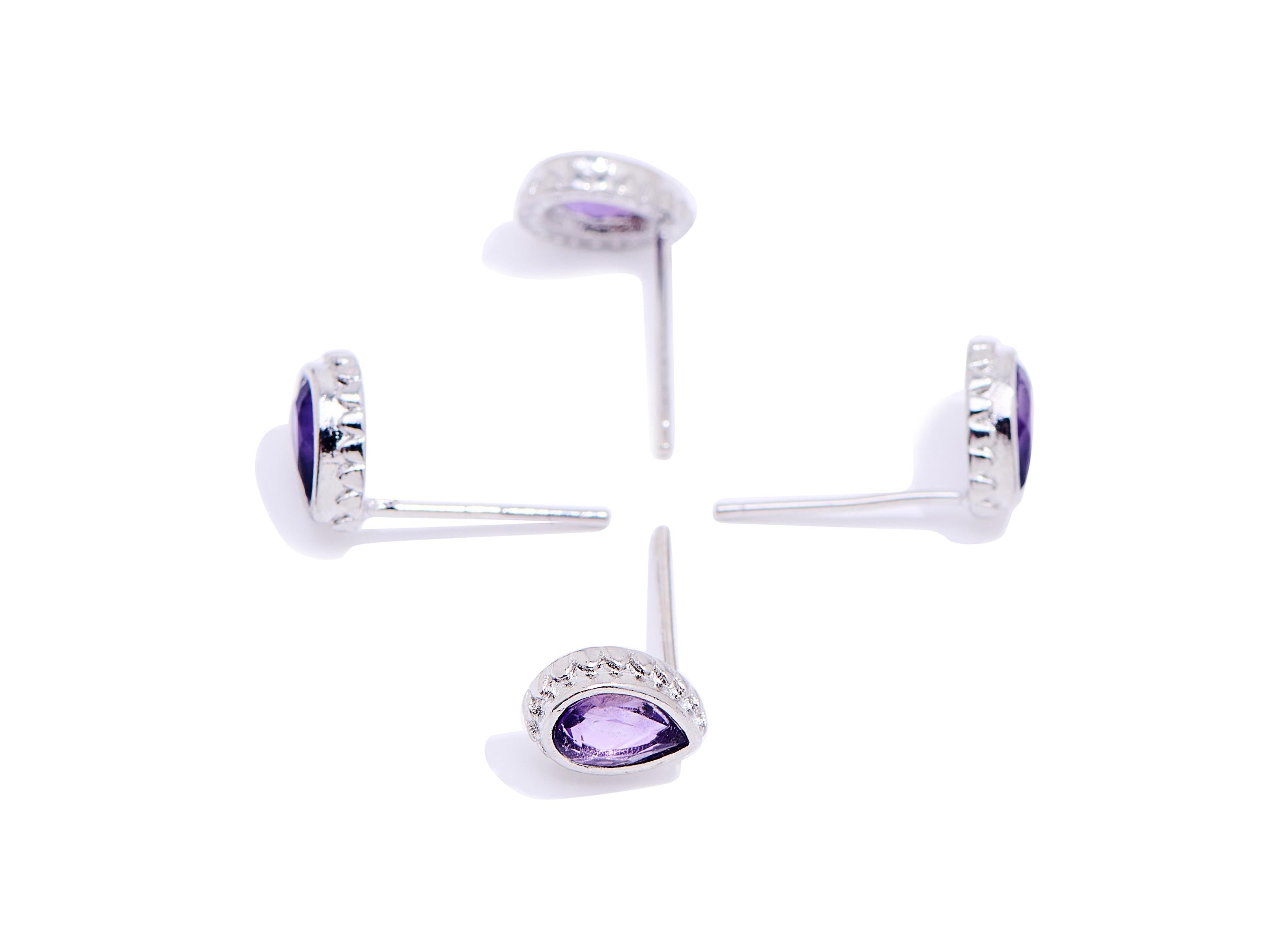 Amethyst Stone Brass Teardrop Stud - Refined Gemstone Earring Post - Jewelry Making - Silver Stud - White K Plated - 8.6x6.5x2.73mm -NS2647 - DOMEDBAZAAR