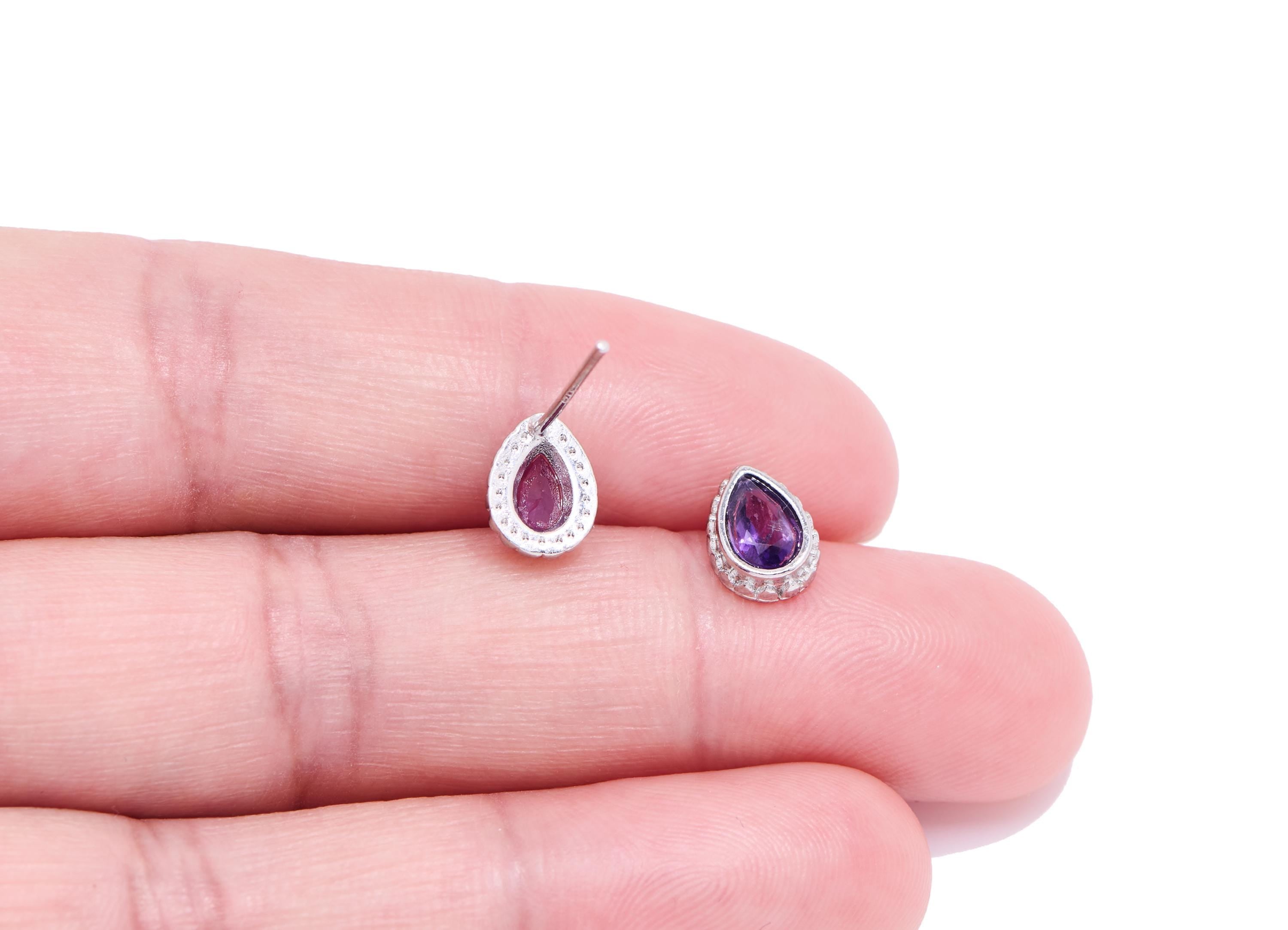 Amethyst Stone Brass Teardrop Stud - Refined Gemstone Earring Post - Jewelry Making - Silver Stud - White K Plated - 8.6x6.5x2.73mm -NS2647 - DOMEDBAZAAR