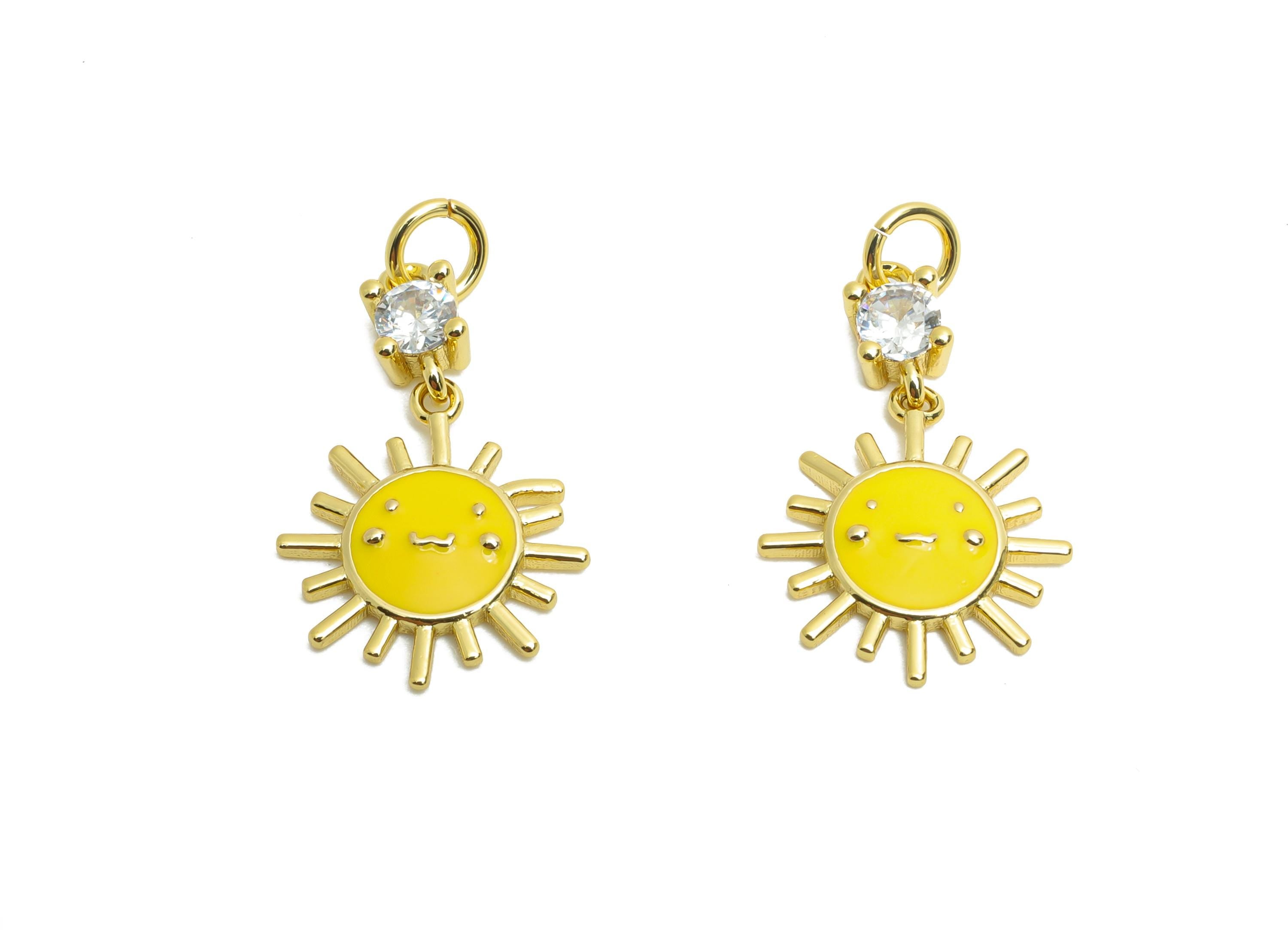 Brass Sun Earring Charm - Brass Vibrant Enamel Earring Charm - Cubic Zircon Dangle For Bracelet - 18K Real Gold Plated - 15x10x2mm -RGP10607 - DOMEDBAZAAR