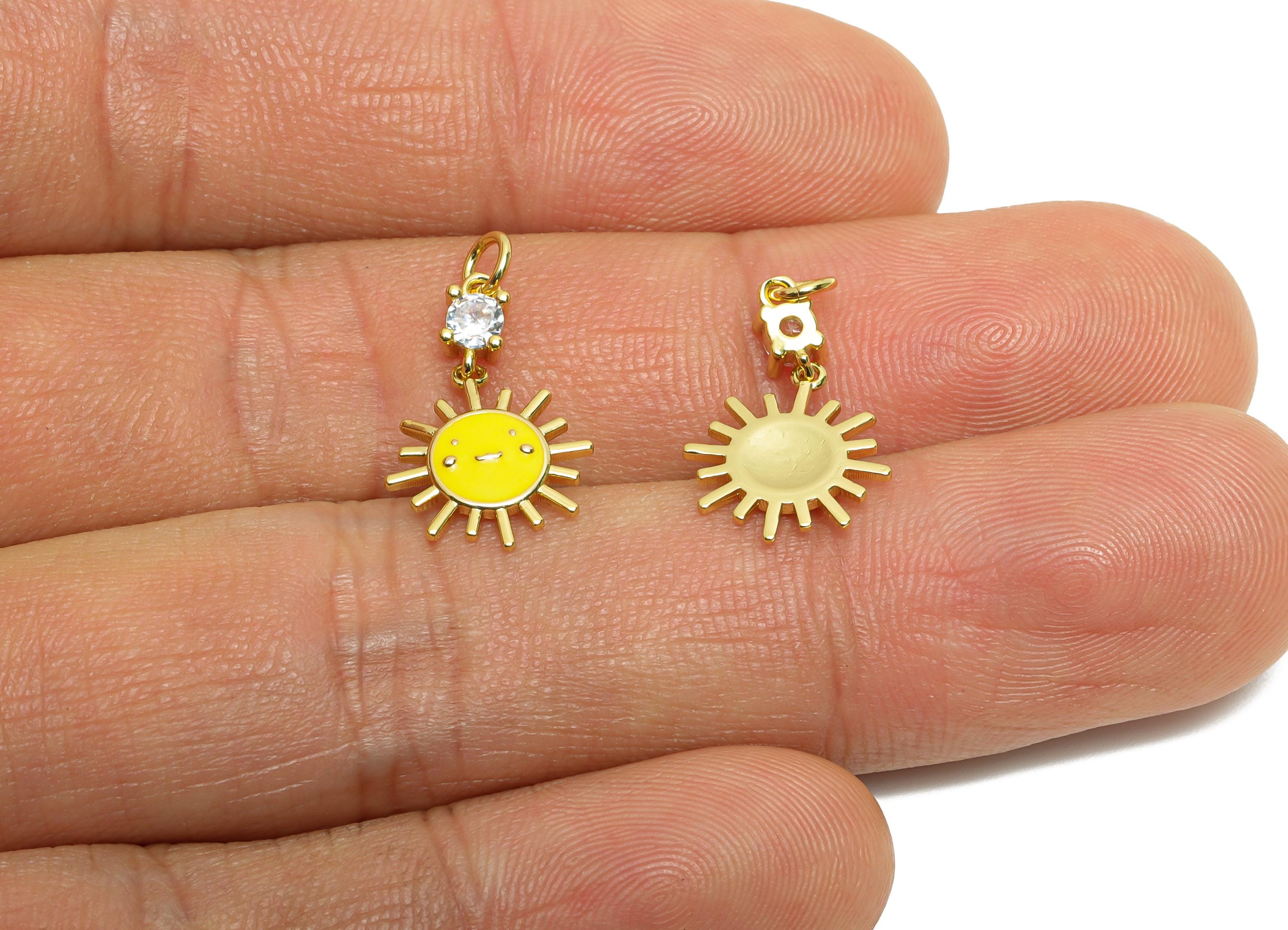 Brass Sun Earring Charm - Brass Vibrant Enamel Earring Charm - Cubic Zircon Dangle For Bracelet - 18K Real Gold Plated - 15x10x2mm -RGP10607 - DOMEDBAZAAR
