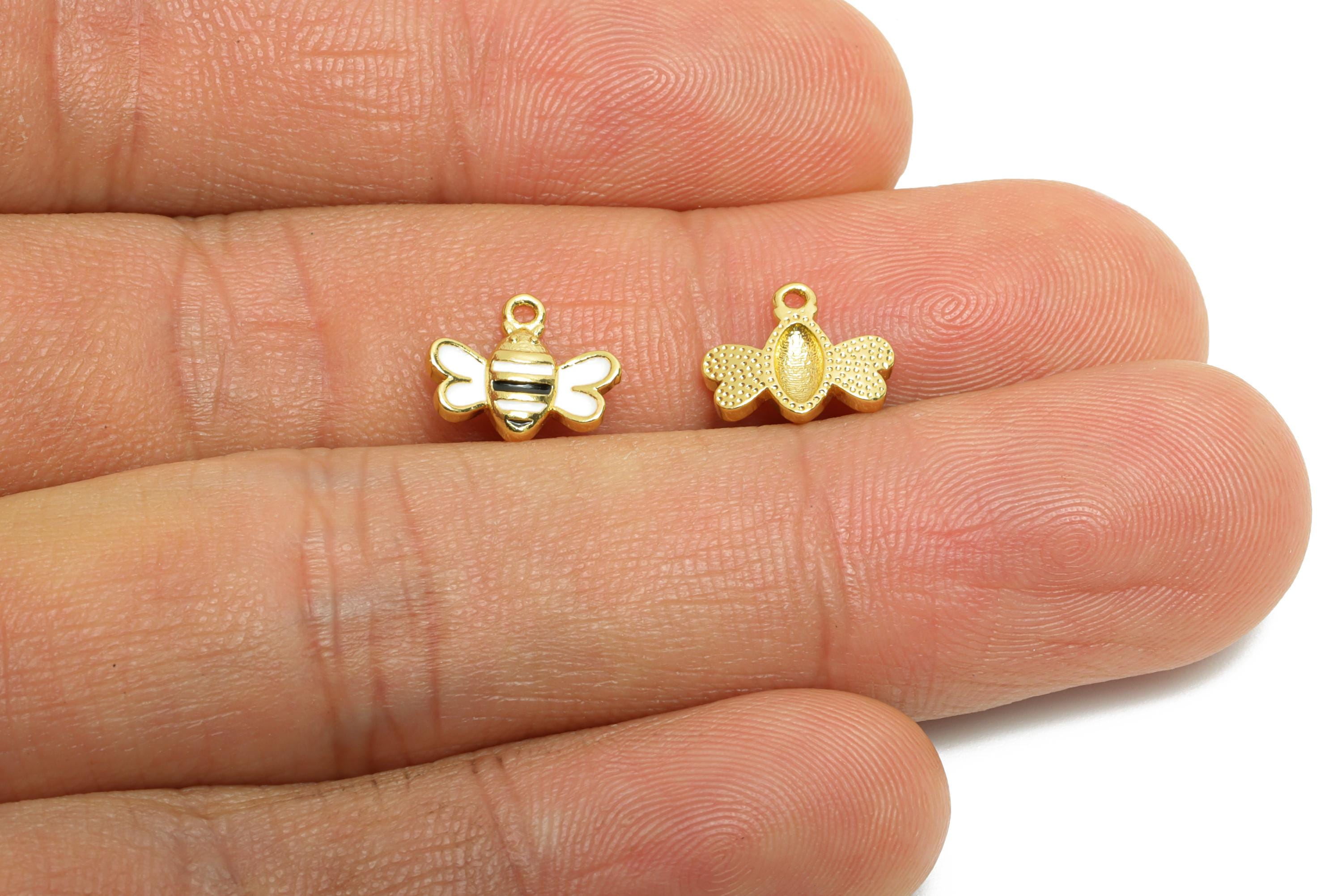 Brass Bee Earring Charm - Brass Tiny Enamel Earring Charm - Mini Bee Charm For Bracelet - 18K Real Gold Plated - 8x10x1.78mm - RGP10608 - DOMEDBAZAAR